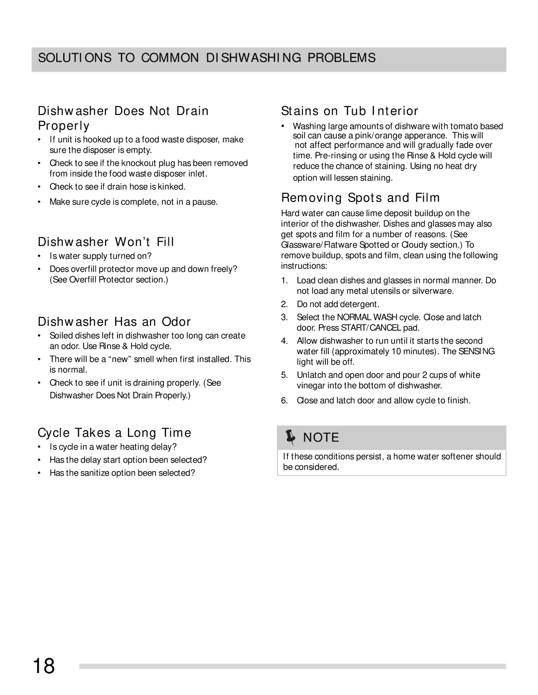 Frigidaire 154768501 manual Dishwasher Does Not Drain Properly, Dishwasher Won’t Fill, Dishwasher Has an Odor 