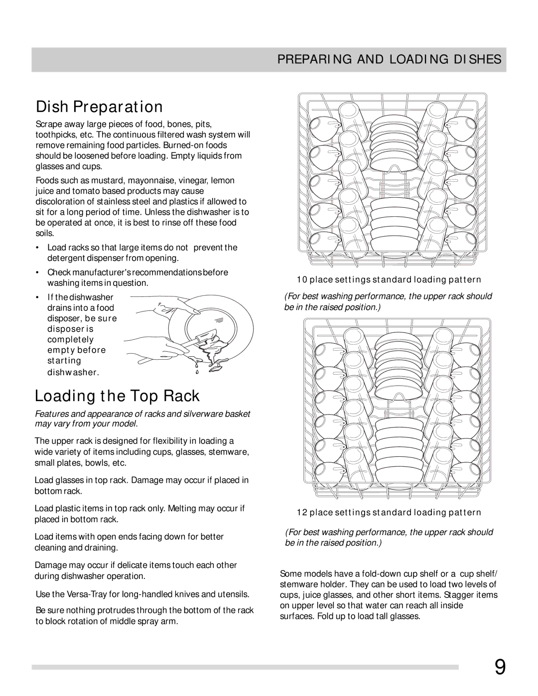 Frigidaire 154768501 manual Dish Preparation, Loading the Top Rack, Preparing and Loading Dishes 