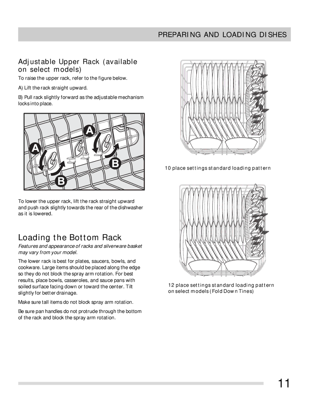 Frigidaire 154768601 Loading the Bottom Rack, Adjustable Upper Rack available on select models 