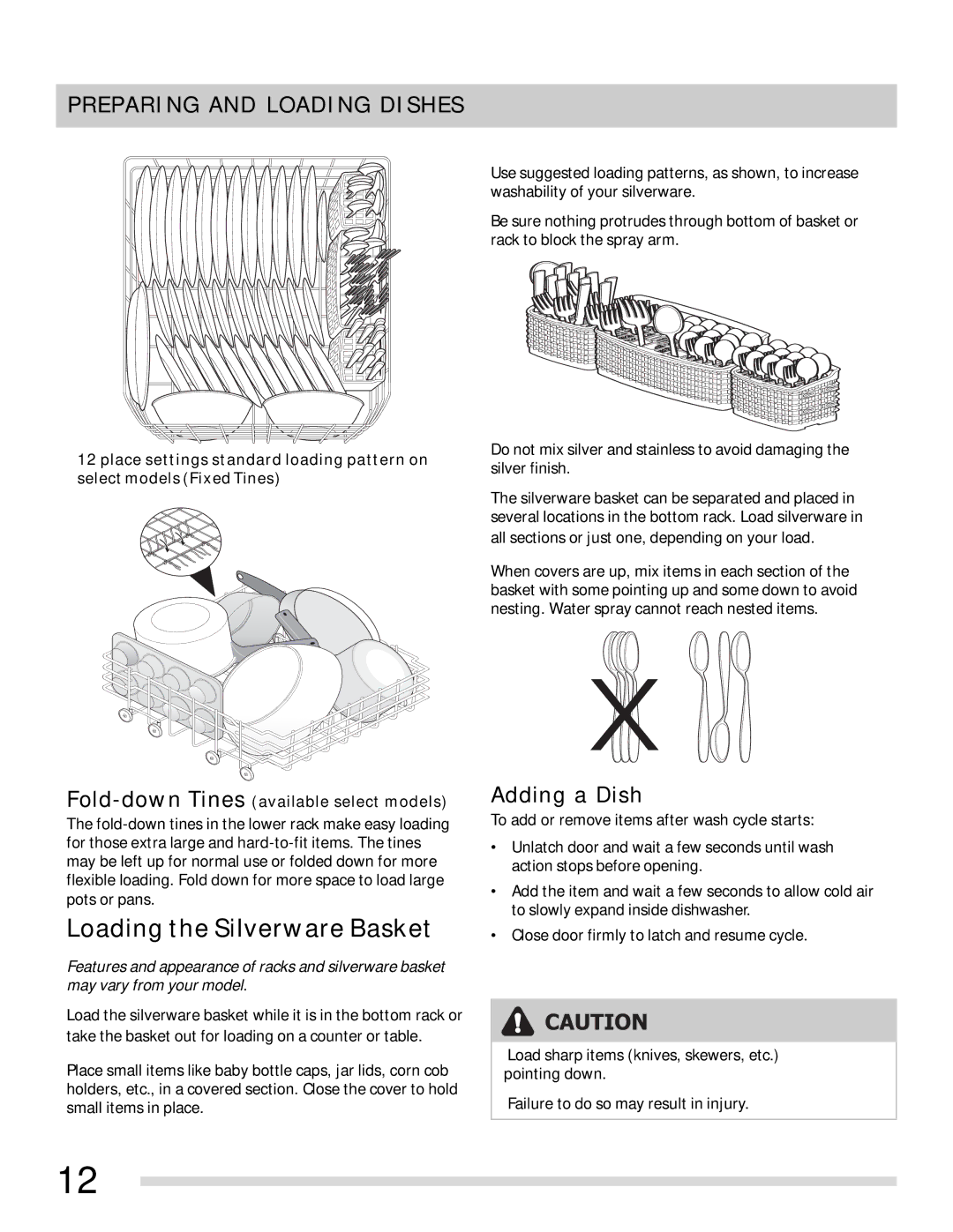 Frigidaire 154768601 important safety instructions Loading the Silverware Basket, Adding a Dish 