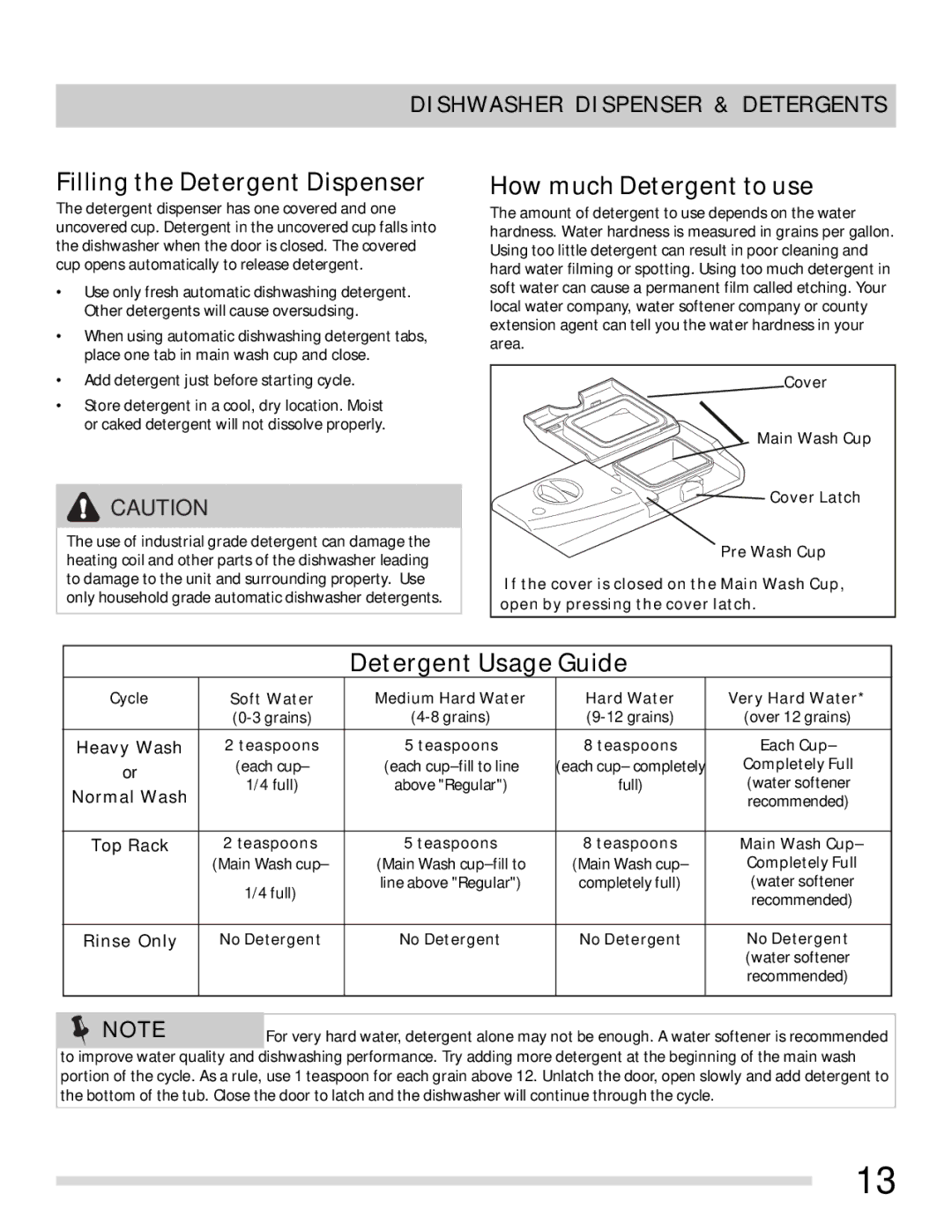 Frigidaire 154768601 important safety instructions Filling the Detergent Dispenser, Dishwasher Dispenser & Detergents 