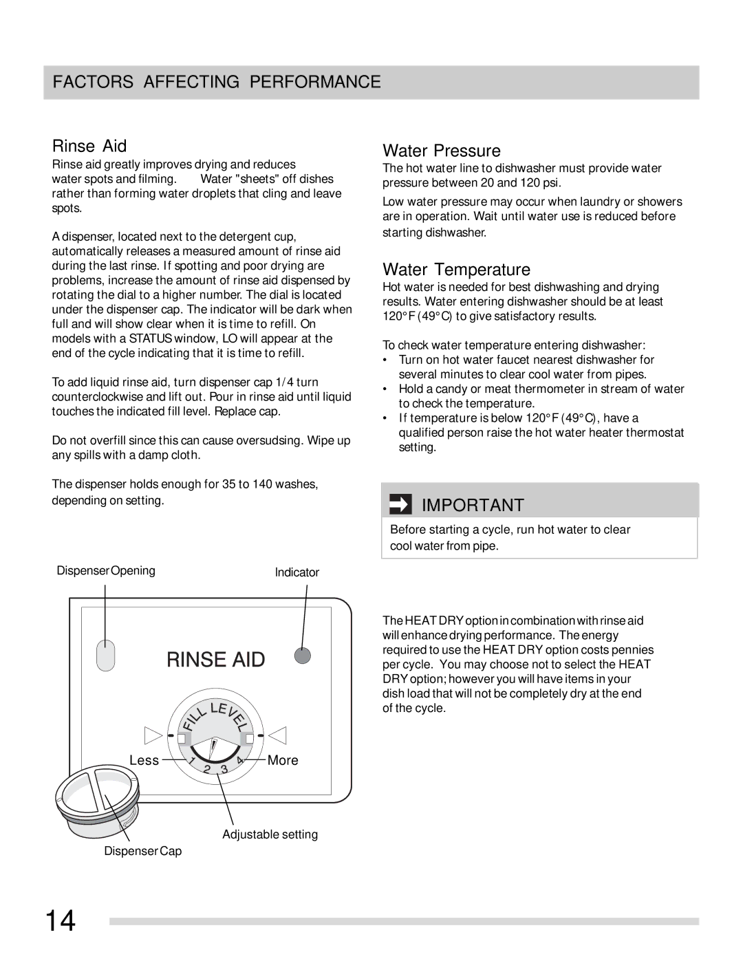 Frigidaire 154768601 Factors Affecting Performance, Rinse Aid, Water Pressure, Water Temperature 