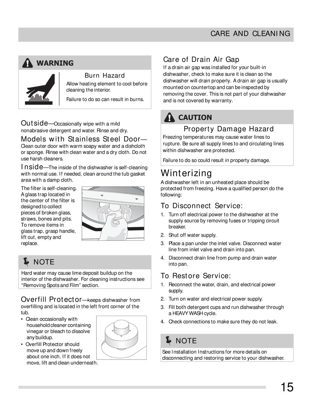 Frigidaire 154768601 important safety instructions Winterizing, Care and Cleaning 