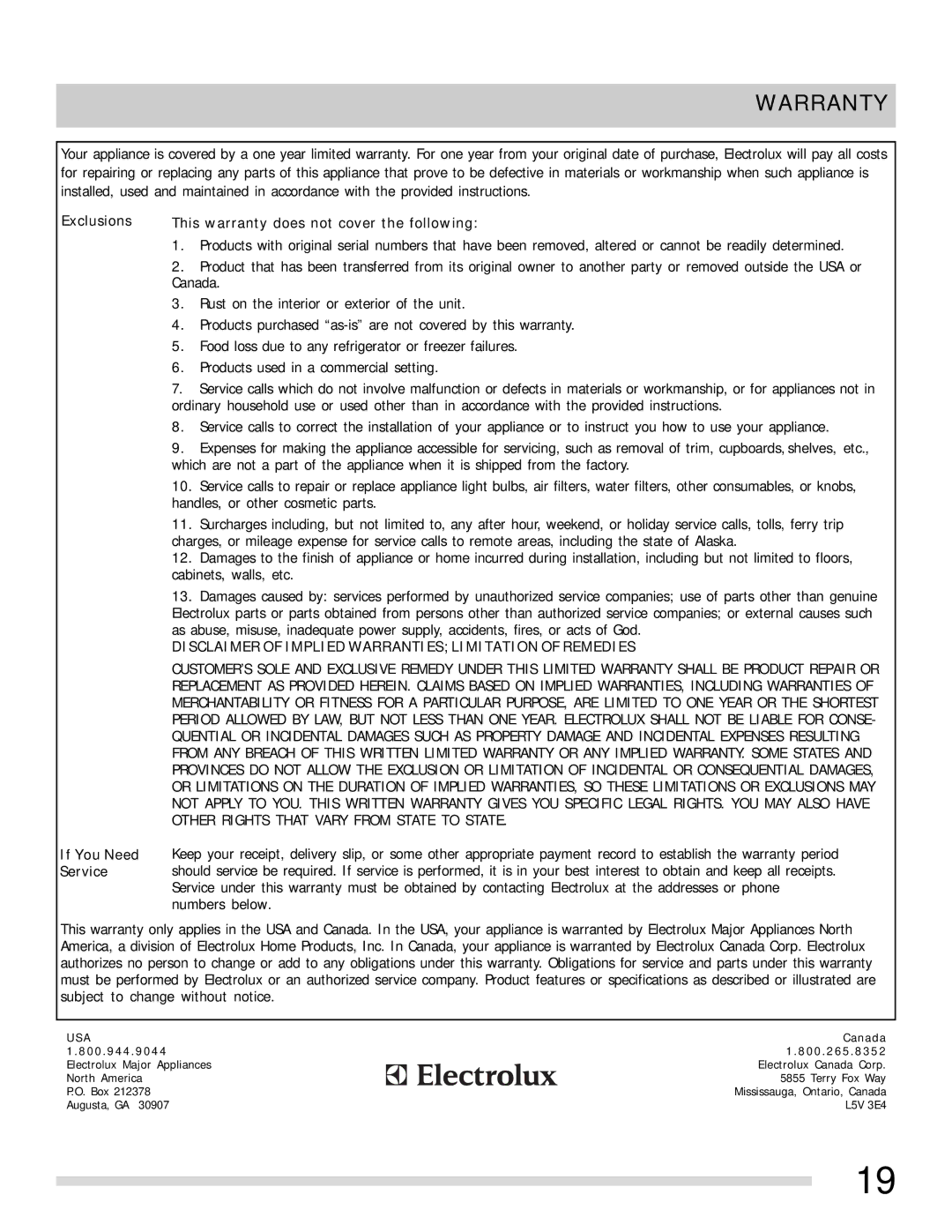 Frigidaire 154768601 important safety instructions Warranty, Disclaimer of Implied Warranties Limitation of Remedies 