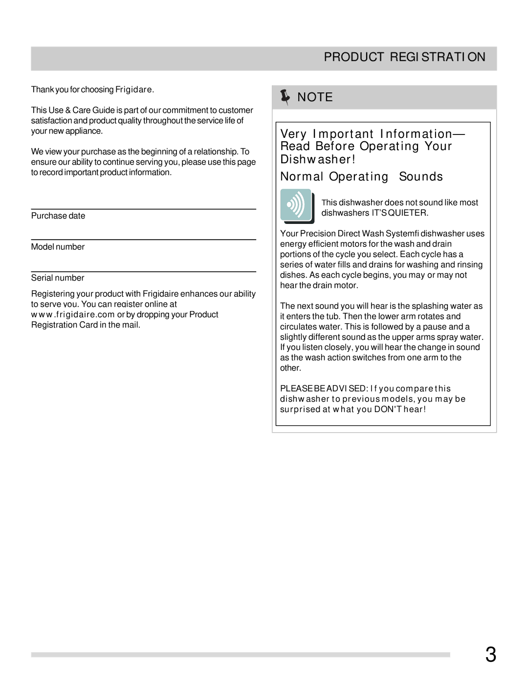 Frigidaire 154768601 important safety instructions Product Registration 