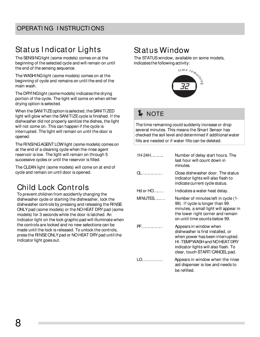 Frigidaire 154768601 important safety instructions Status Indicator Lights, Child Lock Controls, Status Window 