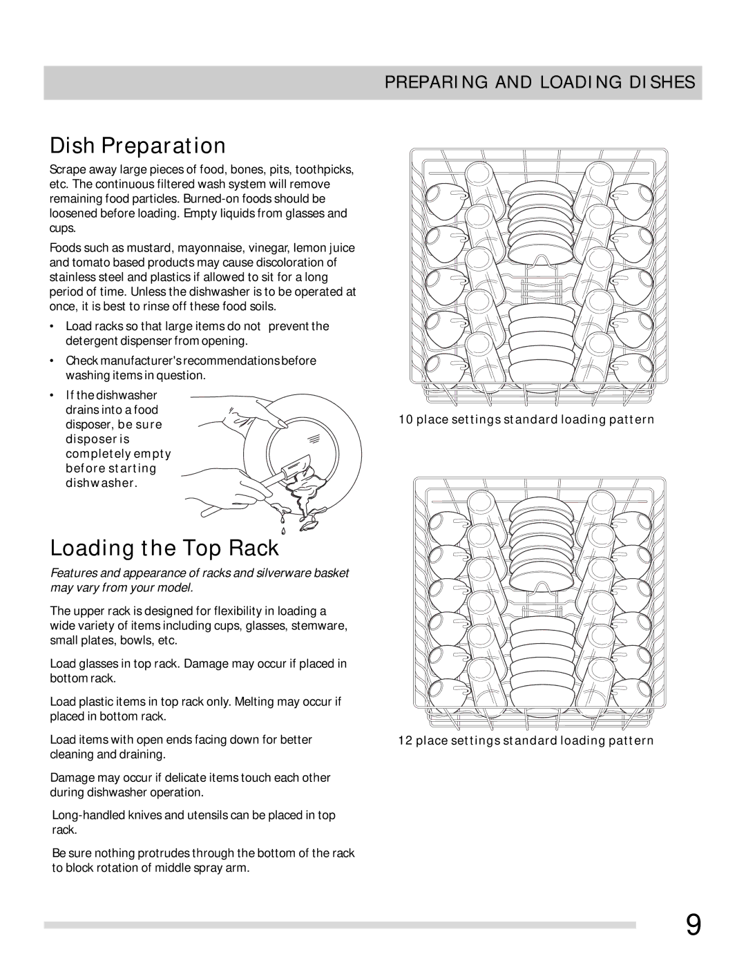 Frigidaire 154768601 important safety instructions Dish Preparation, Loading the Top Rack, Preparing and Loading Dishes 