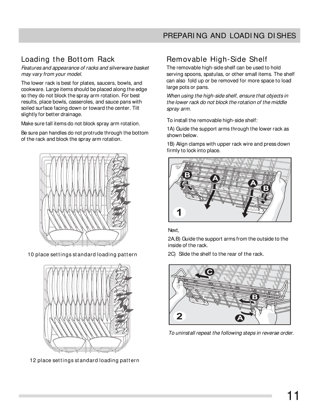 Frigidaire 154768701 important safety instructions Loading the Bottom Rack, Removable High-Side Shelf 