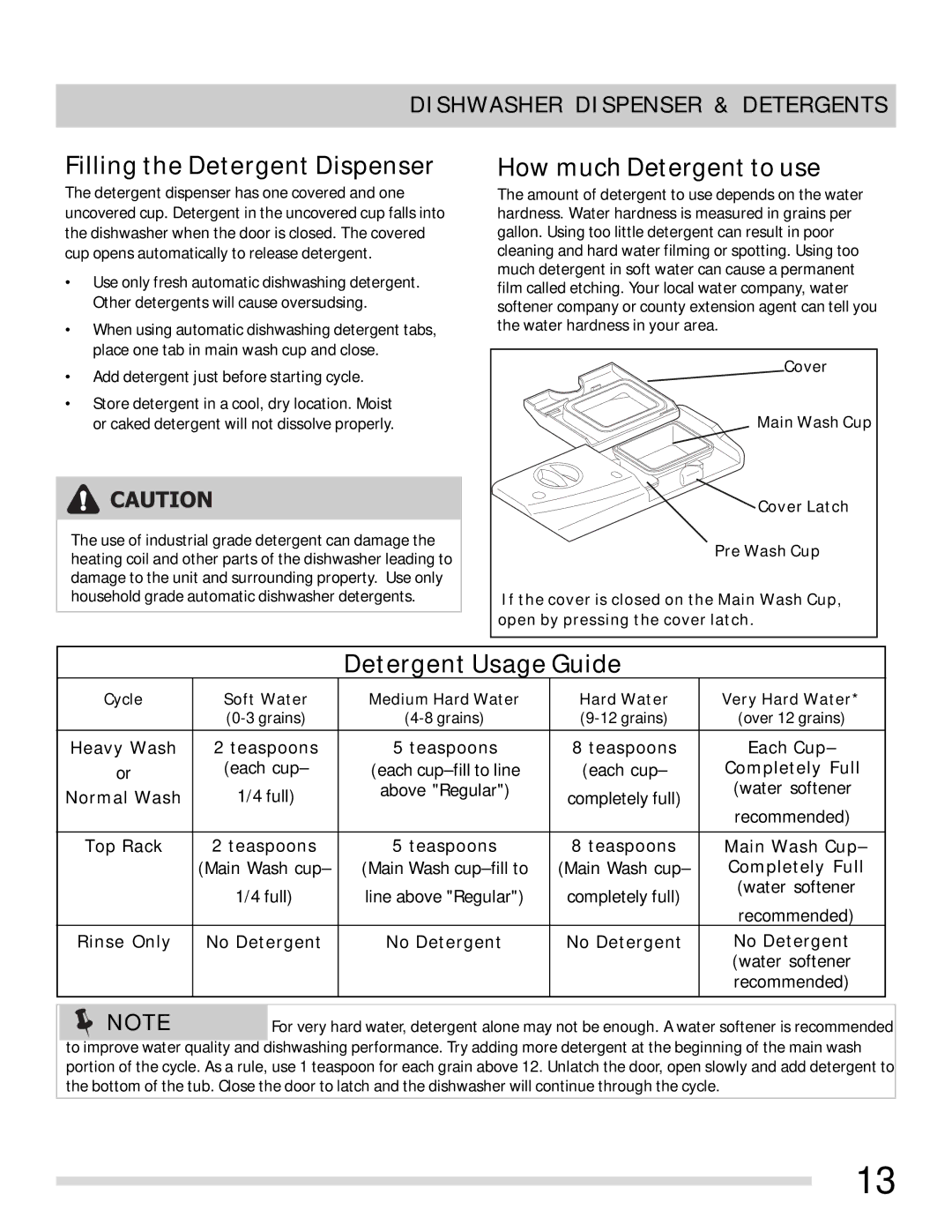 Frigidaire 154768701 important safety instructions Filling the Detergent Dispenser, Dishwasher Dispenser & Detergents 