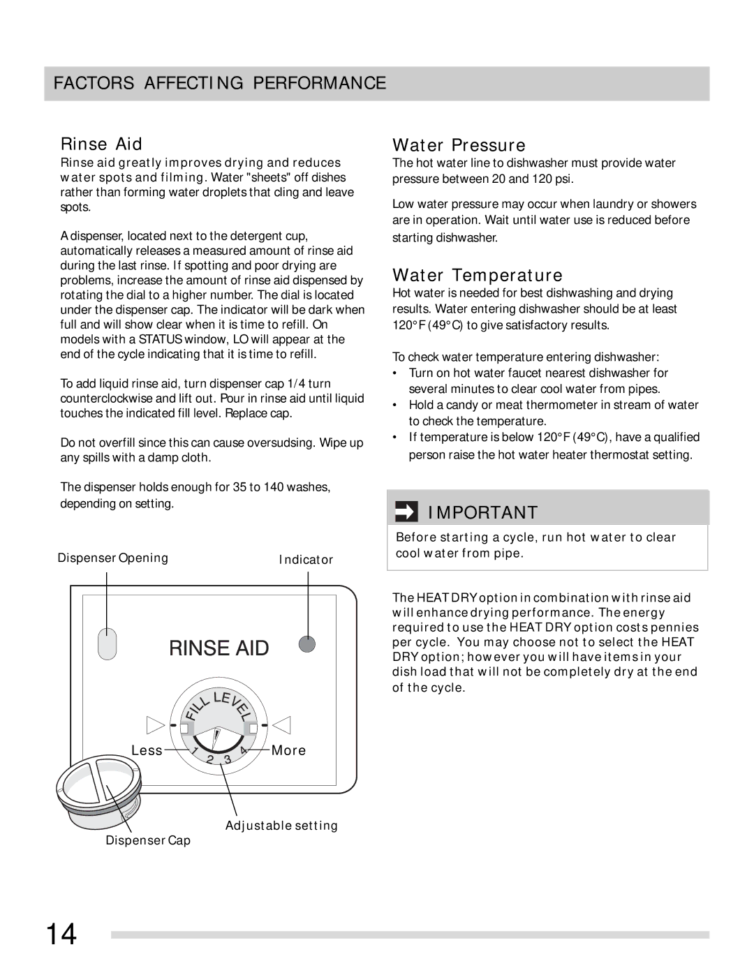 Frigidaire 154768701 Factors Affecting Performance, Rinse Aid, Water Pressure, Water Temperature 