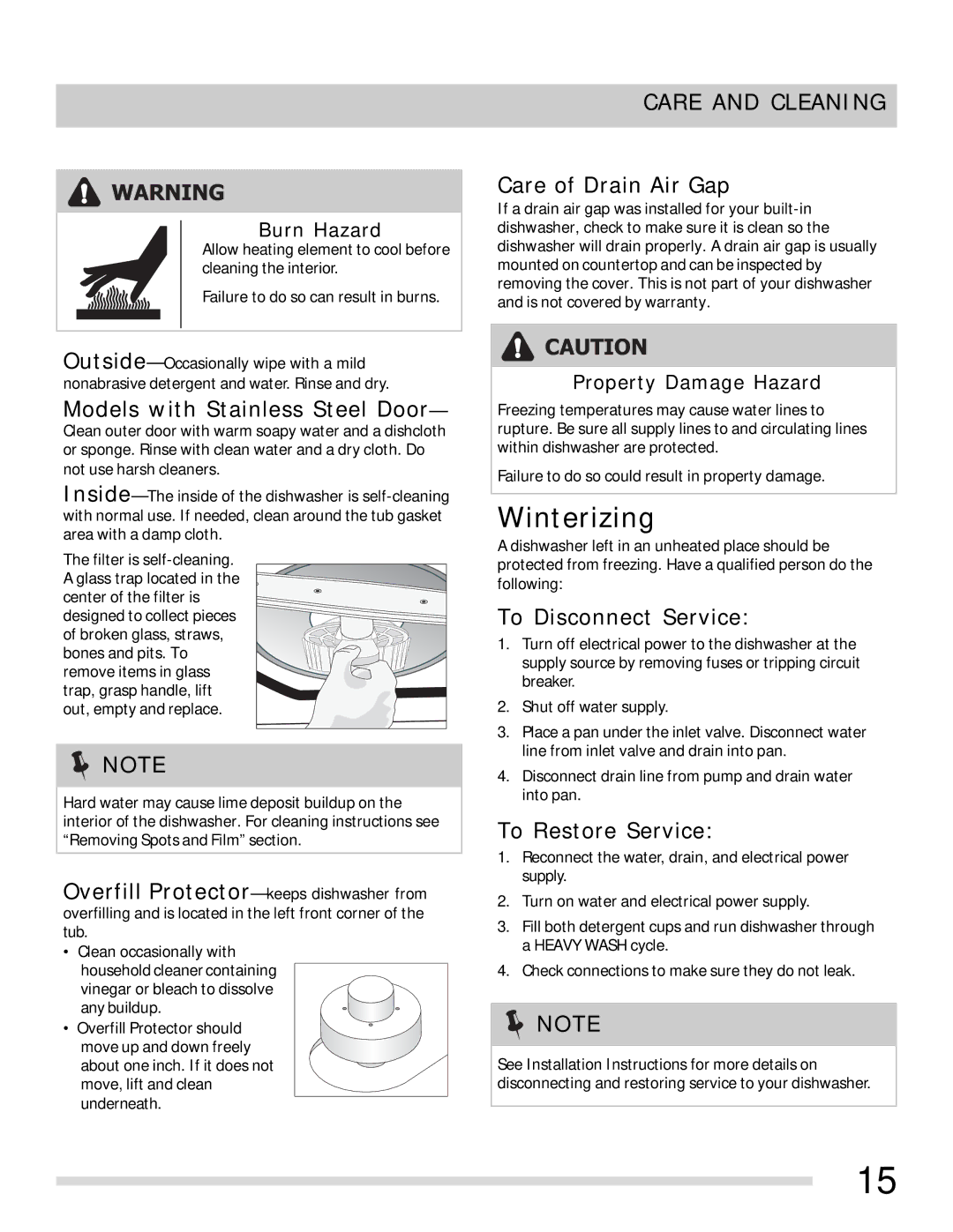 Frigidaire 154768701 important safety instructions Winterizing, Care and Cleaning 