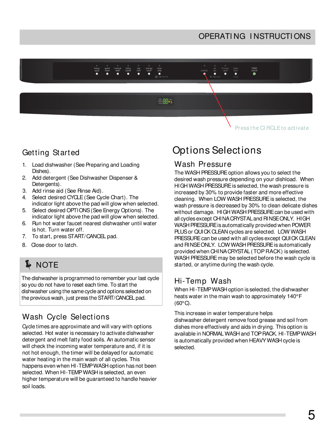 Frigidaire 154768701 important safety instructions Options Selections, Operating Instructions 