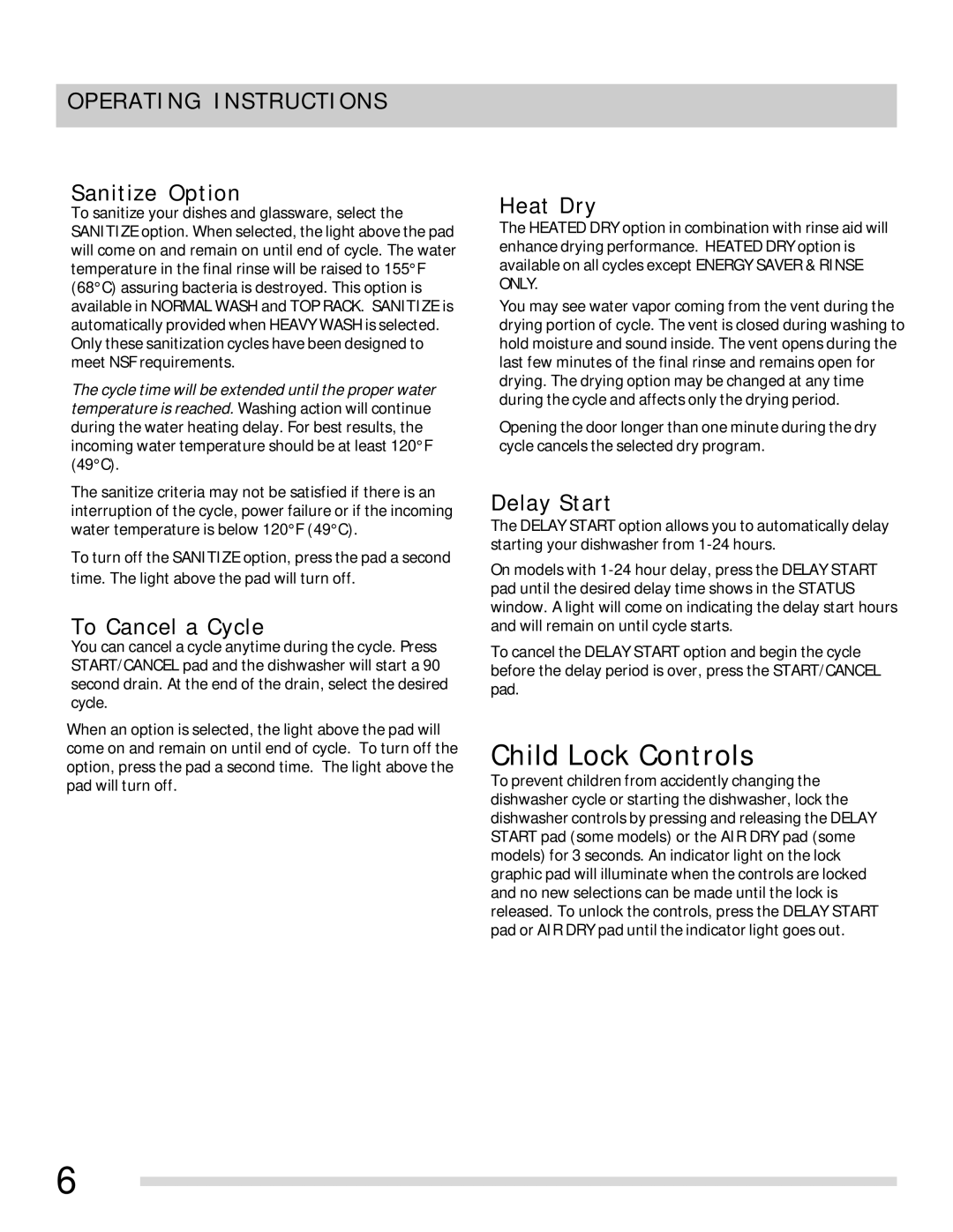 Frigidaire 154768701 Child Lock Controls, Sanitize Option, To Cancel a Cycle, Heat Dry, Delay Start 