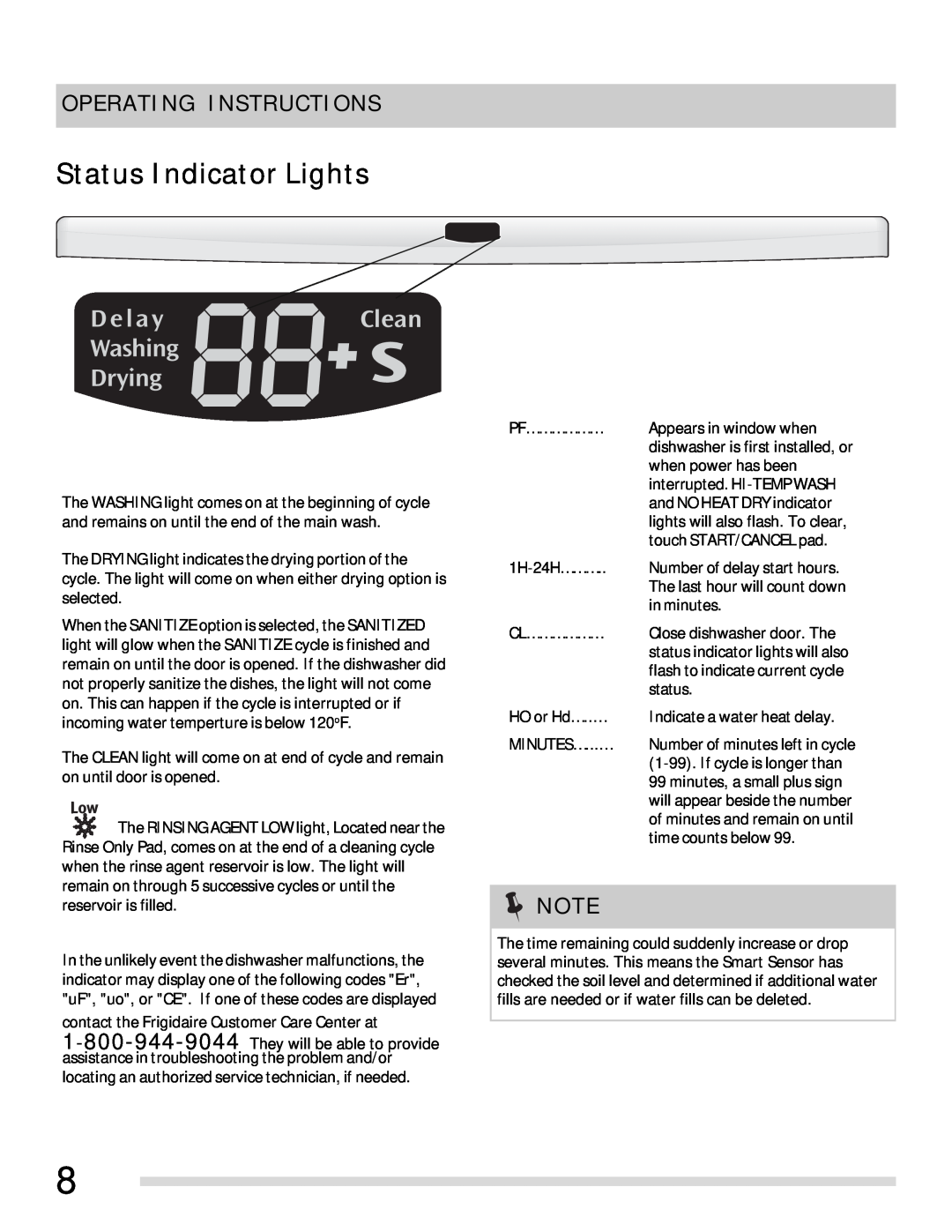 Frigidaire 154768701 important safety instructions Status Indicator Lights, Operating Instructions 