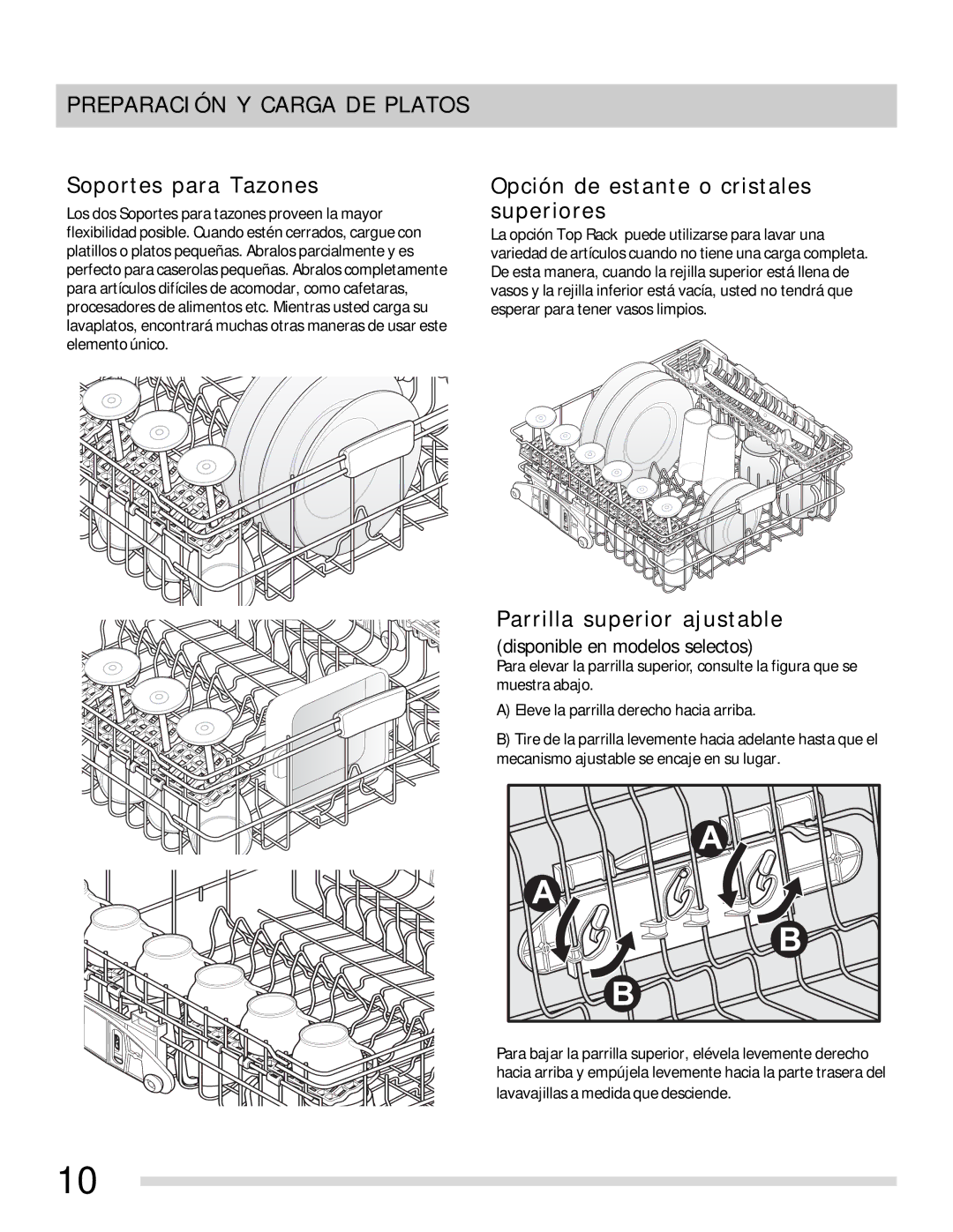 Frigidaire 154768703 manual Soportes para Tazones, Opción de estante o cristales superiores, Parrilla superior ajustable 