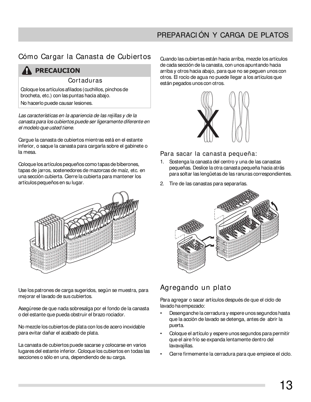 Frigidaire 154768703 manual Cómo Cargar la Canasta de Cubiertos, Agregando un plato 