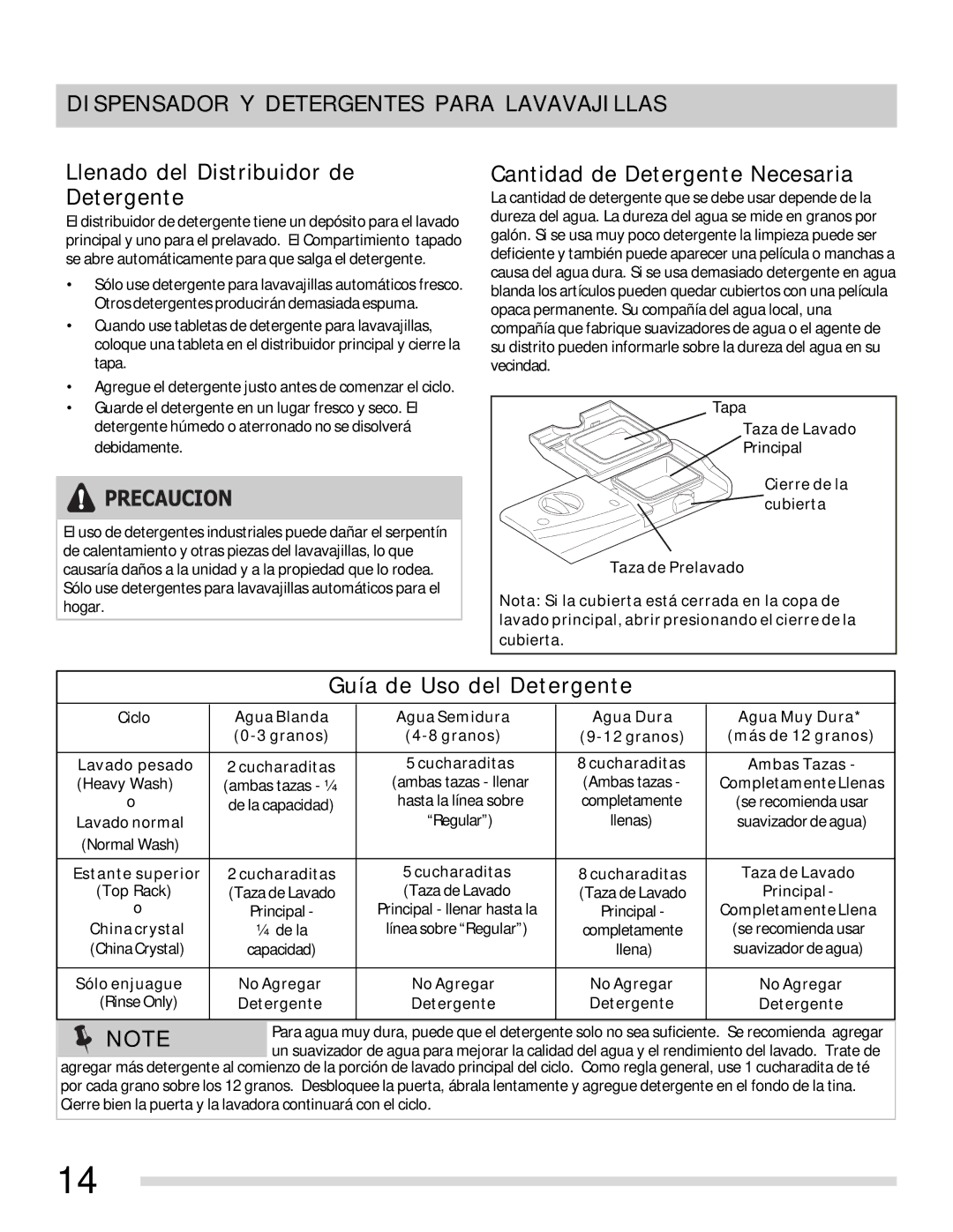 Frigidaire 154768703 manual Dispensador Y Detergentes Para Lavavajillas, Llenado del Distribuidor de Detergente 