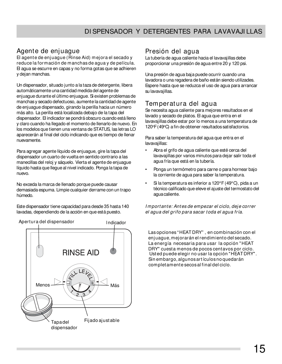 Frigidaire 154768703 manual Agente de enjuague, Presión del agua, Temperatura del agua 