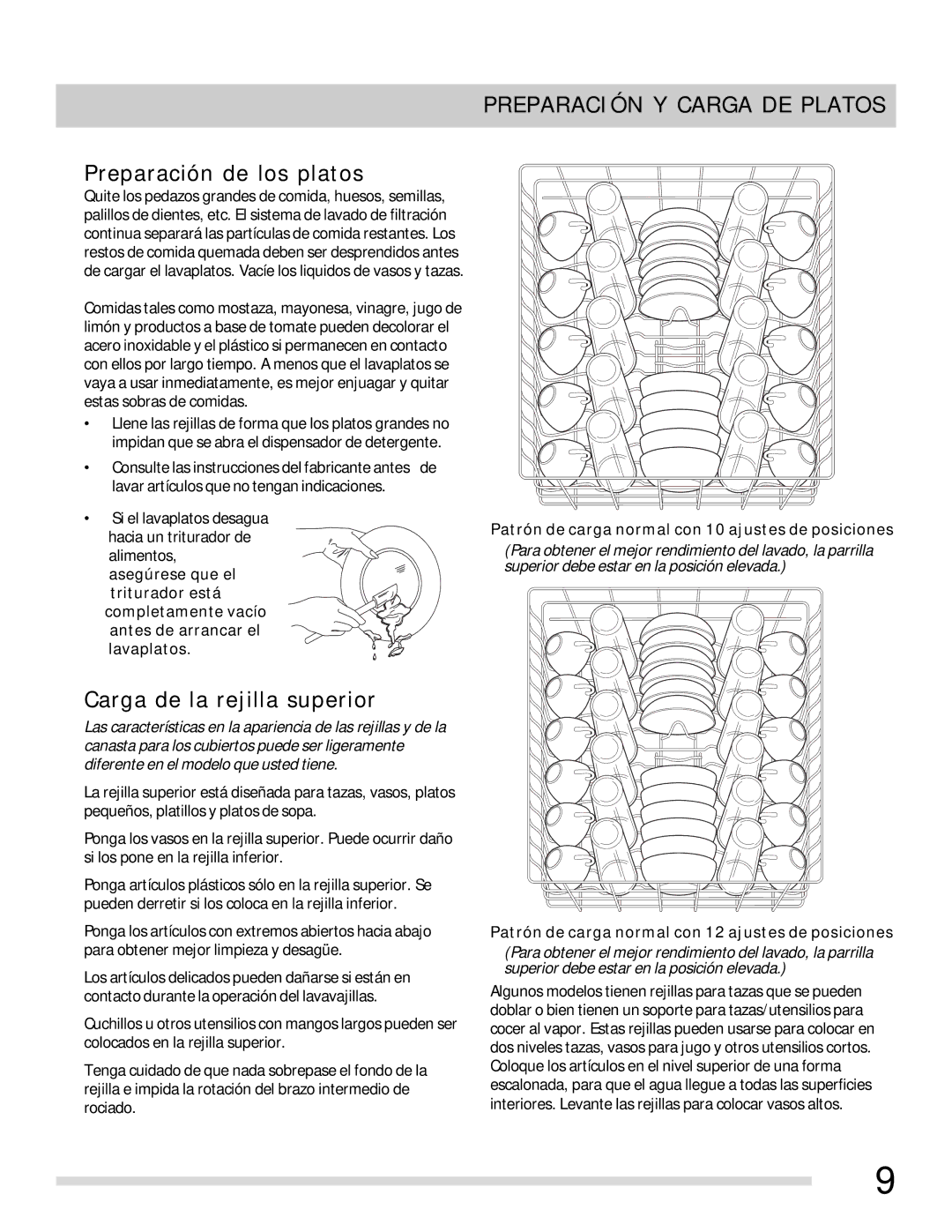 Frigidaire 154768703 manual Preparación Y Carga DE Platos, Preparación de los platos, Carga de la rejilla superior 