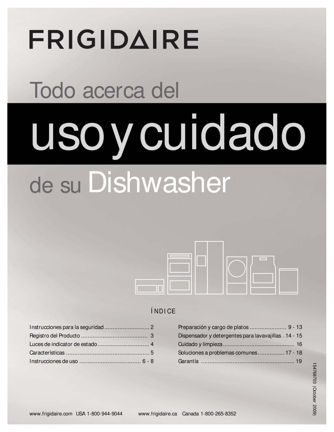 Frigidaire 154768703 manual Í N D I C E, usoycuidado, de su Dishwasher, Todo acerca del, Registro del Producto 