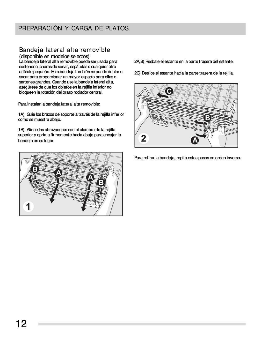 Frigidaire 154768703 manual Bandeja lateral alta removible, Preparación Y Carga De Platos, disponible en modelos selectos 