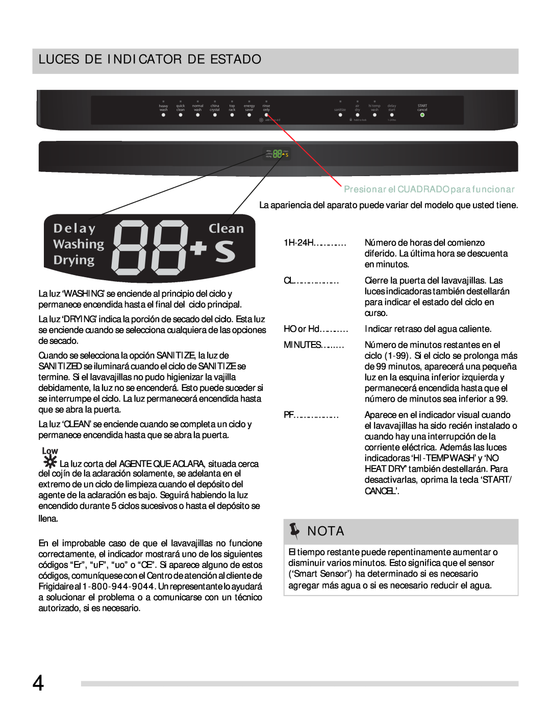 Frigidaire 154768703 manual Luces De Indicator De Estado, Nota, Presionar el CUADRADO para funcionar 