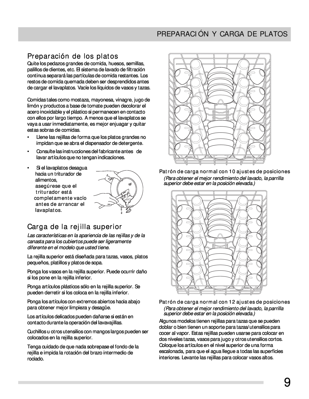 Frigidaire 154768703 manual Preparación Y Carga De Platos, Preparación de los platos, Carga de la rejilla superior 