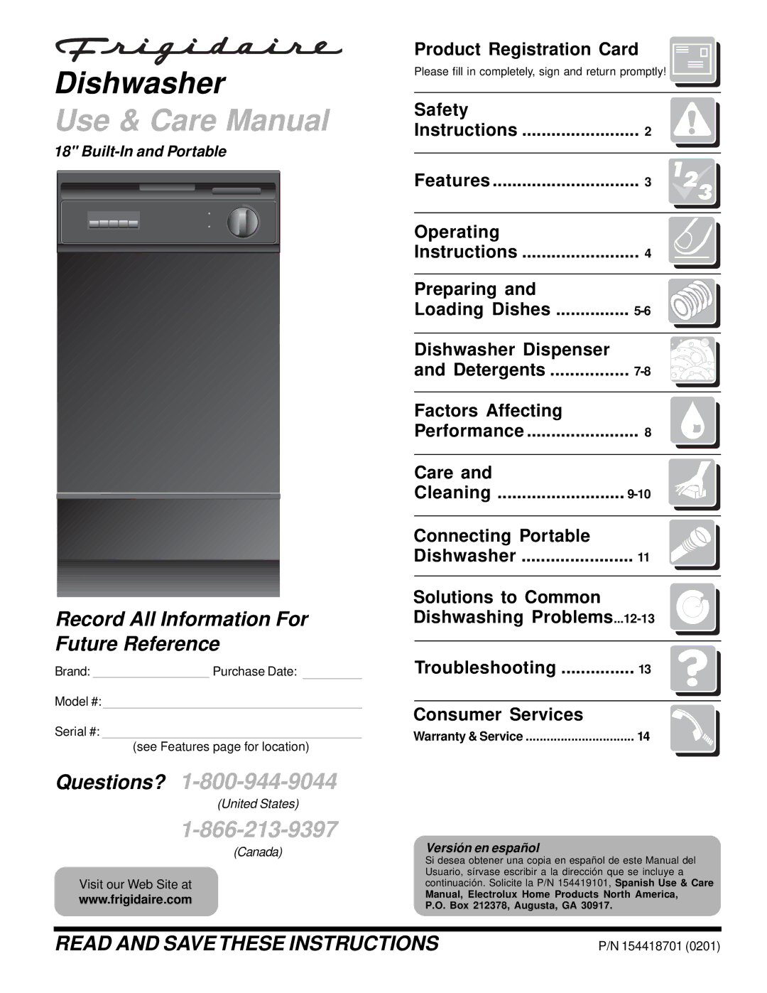 Frigidaire 18 inch built in and portable warranty Product Registration Card, Safety, Operating 