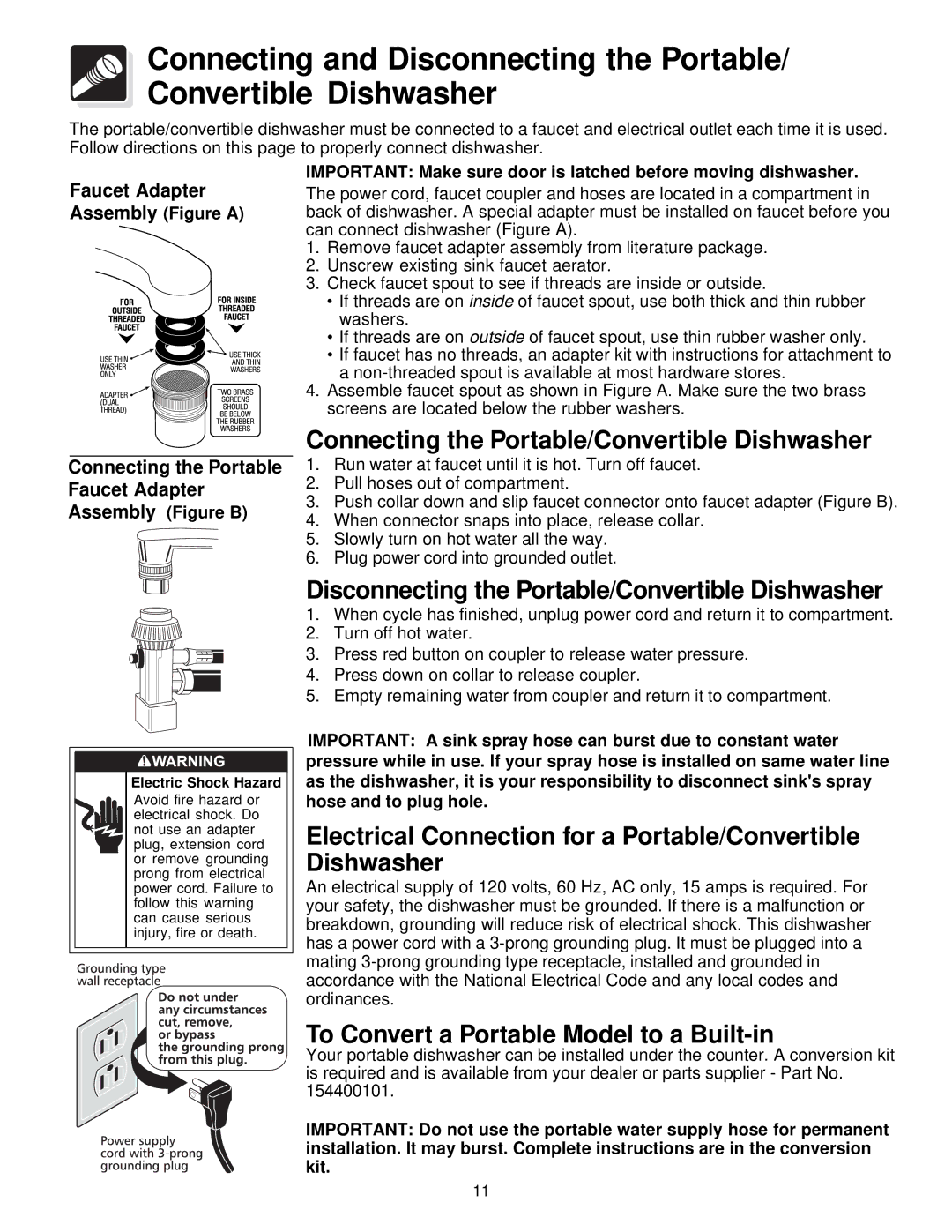 Frigidaire 18 inch built in and portable warranty Connecting the Portable/Convertible Dishwasher 