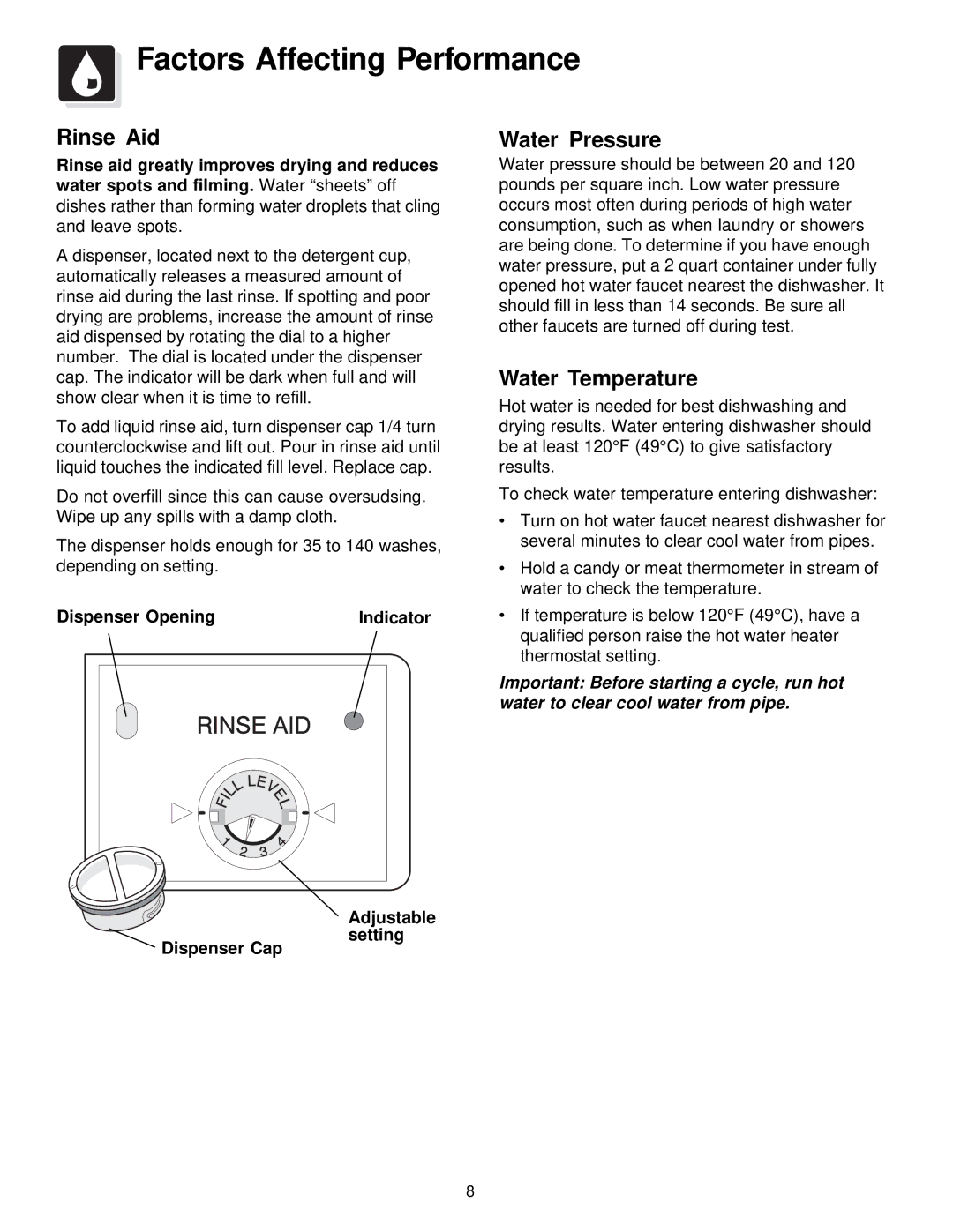 Frigidaire 18 inch built in and portable Factors Affecting Performance, Rinse Aid, Water Pressure, Water Temperature 