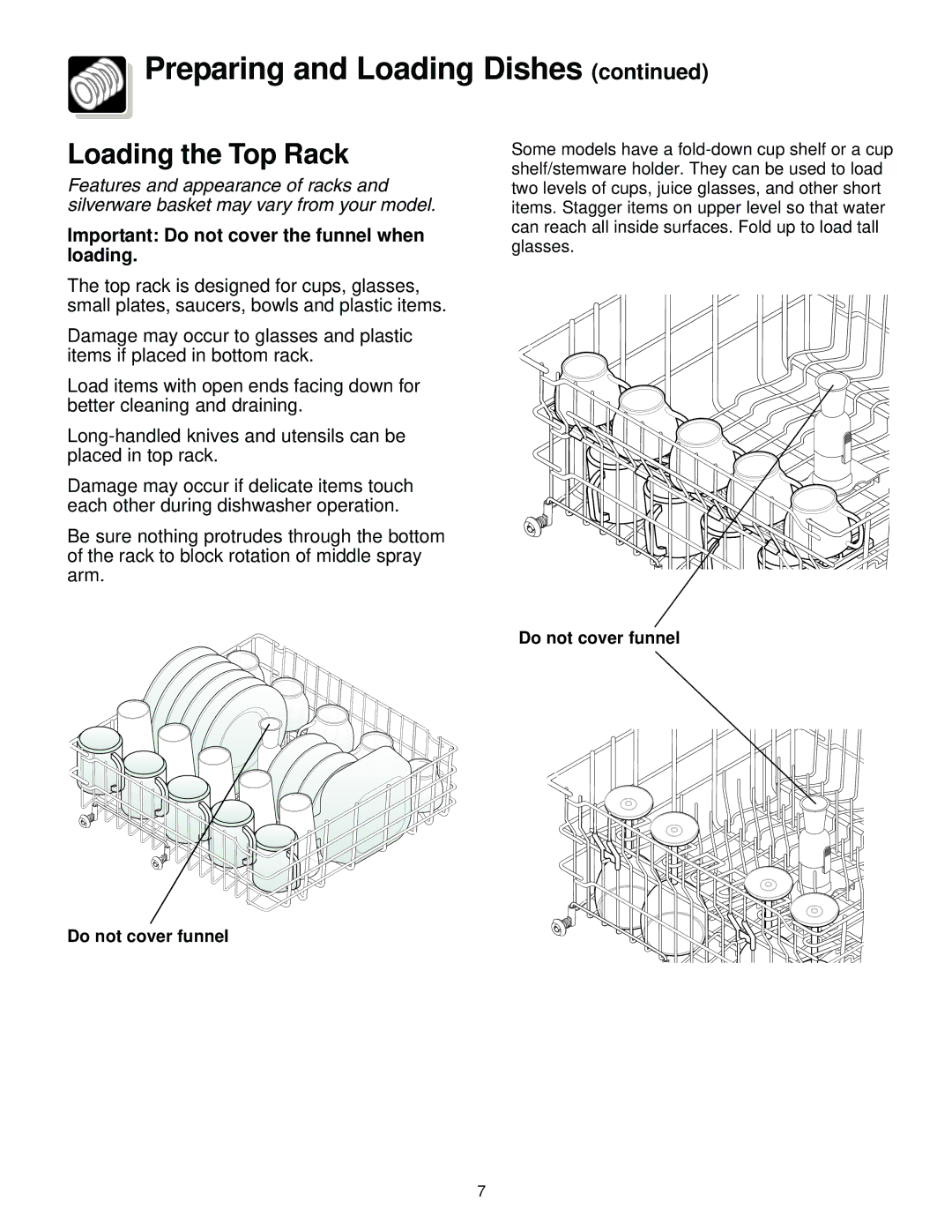 Frigidaire 700, 200, 500, 800 warranty Preparing and Loading Dishes, Loading the Top Rack 