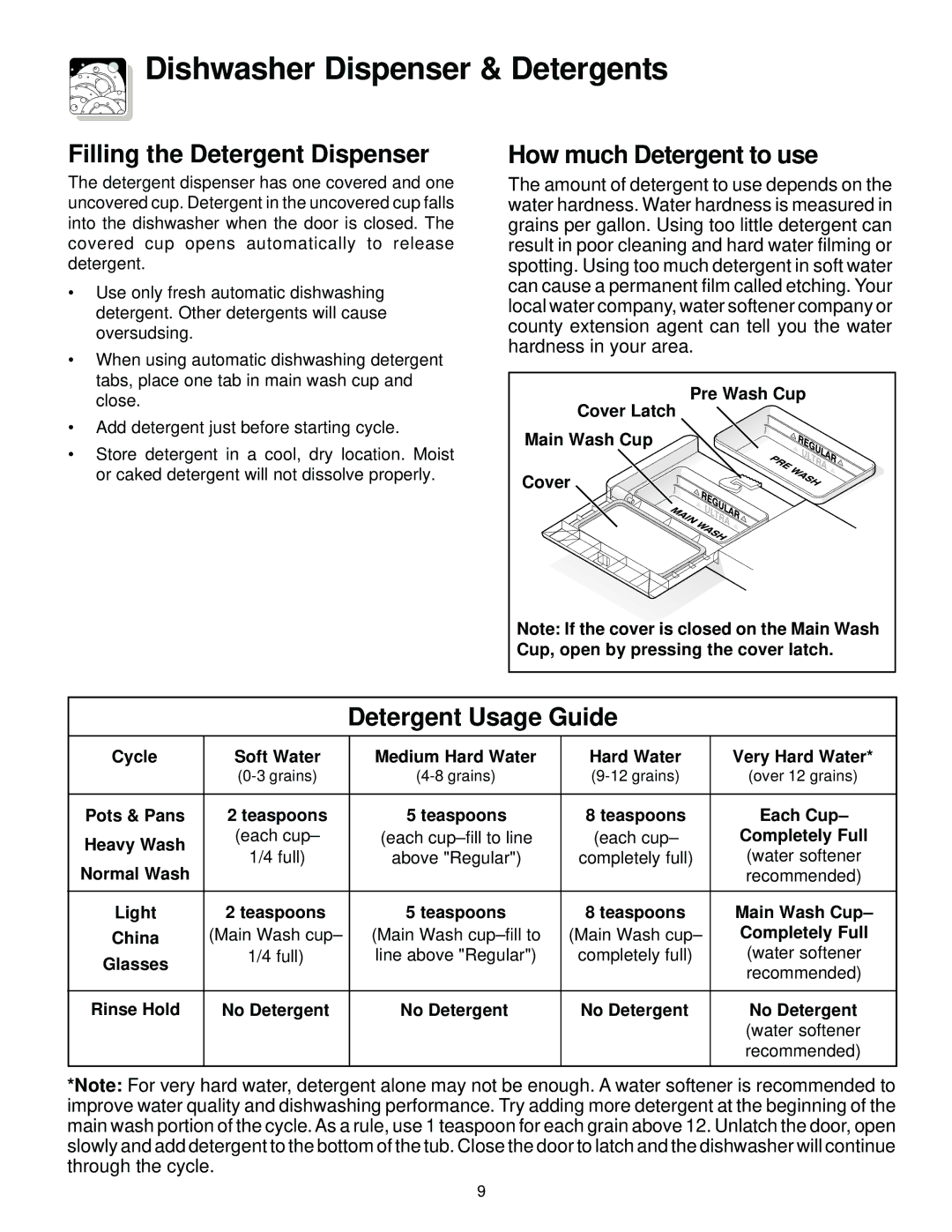 Frigidaire 500, 200, 800, 700 warranty Dishwasher Dispenser & Detergents, Filling the Detergent Dispenser 