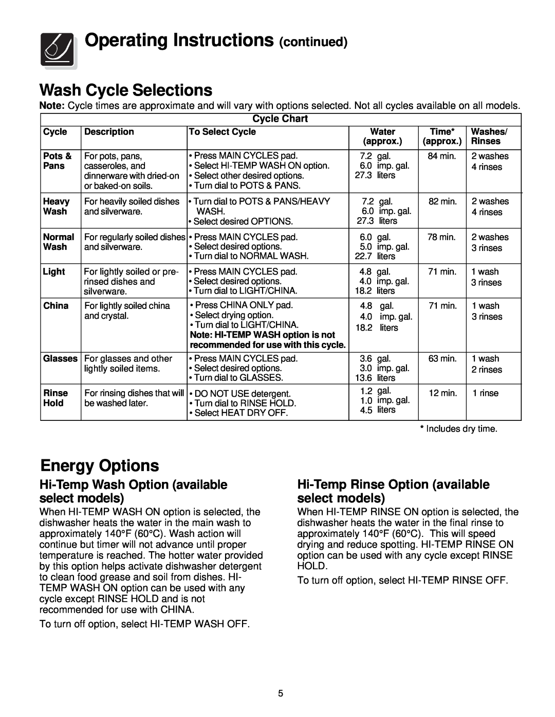 Frigidaire 500, 200, 800, 700 warranty Operating Instructions continued, Wash Cycle Selections, Energy Options 