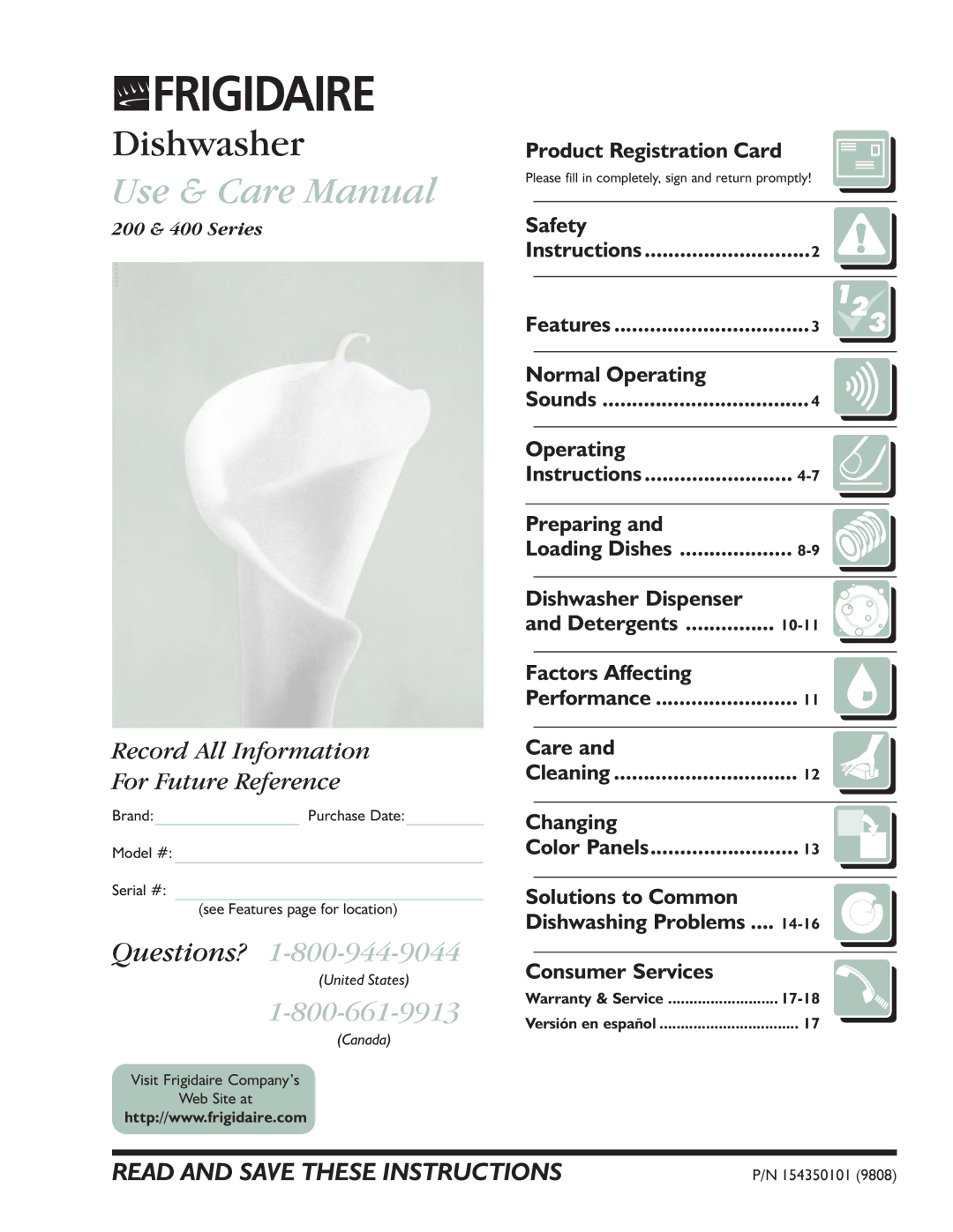 Frigidaire 400 Series warranty Product Registration Card, Safety, Normal Operating, Preparing, Factors Affecting, Care 