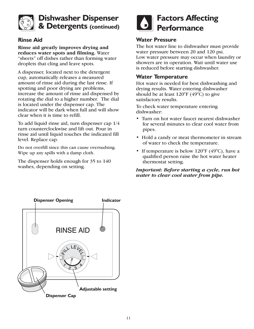 Frigidaire 400 Series, 200 Series warranty Factors Affecting Performance, Rinse Aid, Water Pressure, Water Temperature 