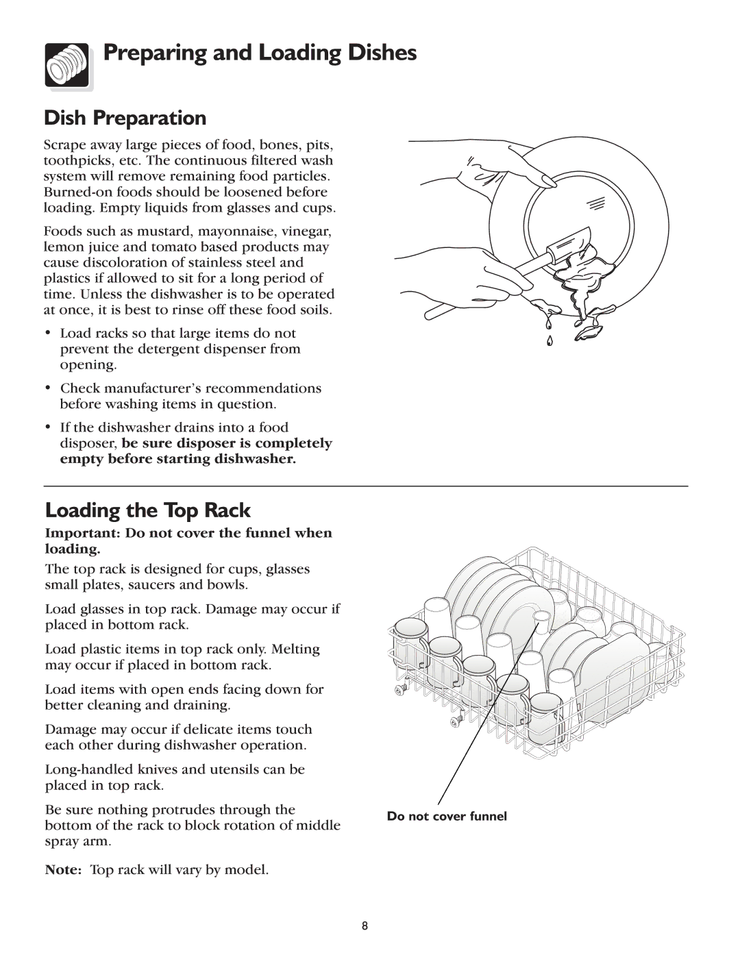 Frigidaire 200 Series, 400 Series warranty Preparing and Loading Dishes, Dish Preparation, Loading the Top Rack 