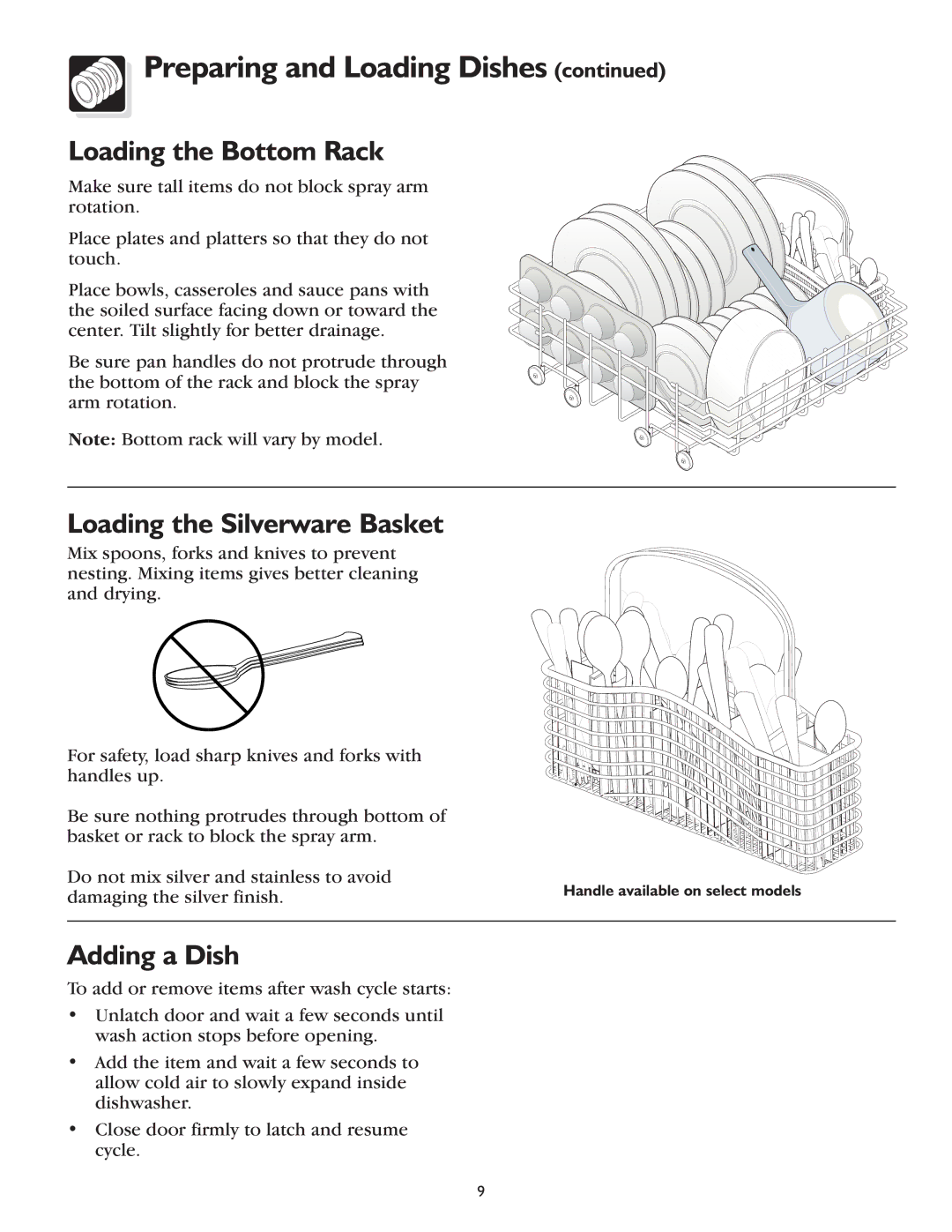 Frigidaire 400 Series, 200 Series warranty Loading the Bottom Rack, Loading the Silverware Basket, Adding a Dish 