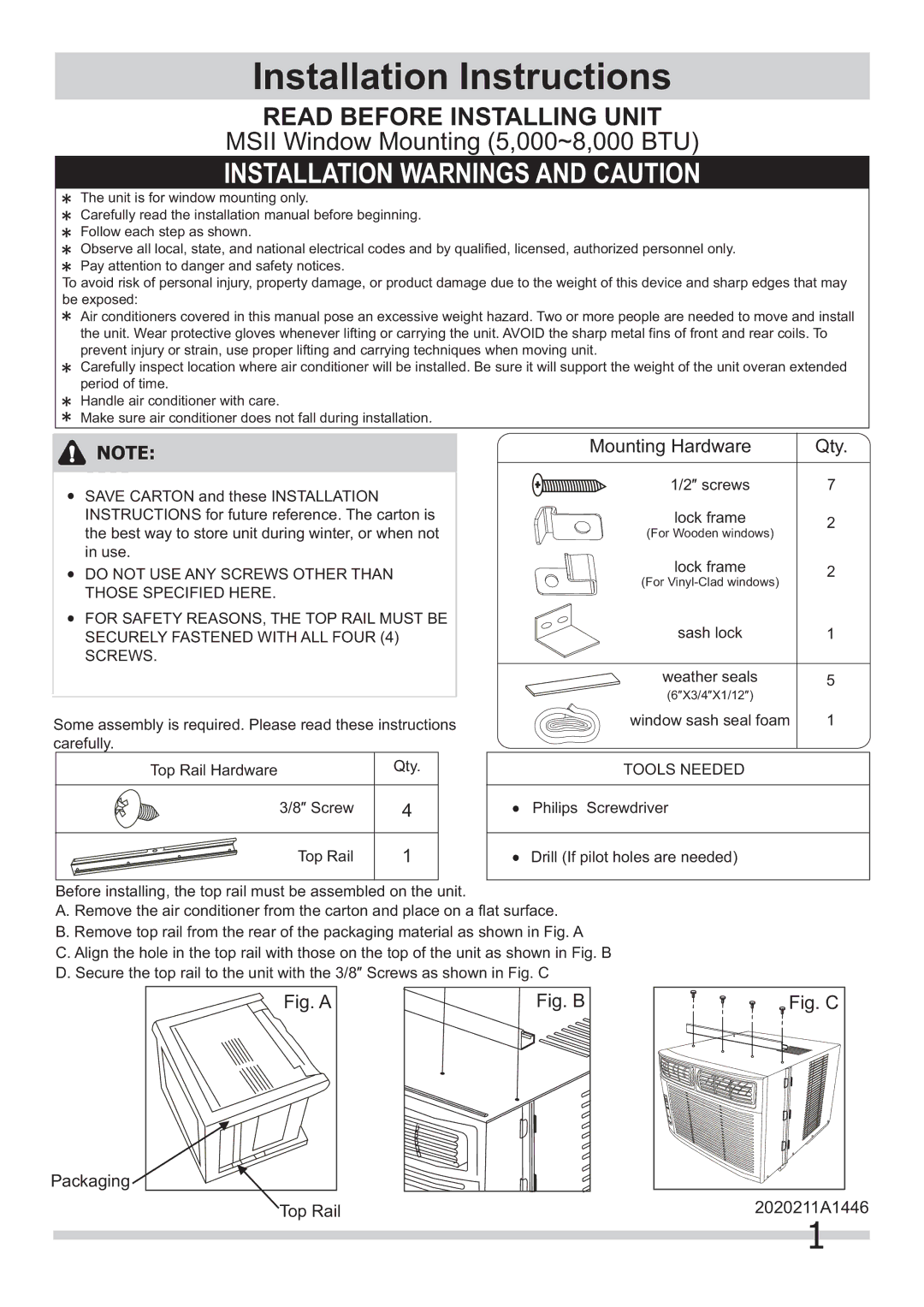 Frigidaire 2020211a1446 installation instructions Installation Instructions, Mounting Hardware Qty, Tools Needed 