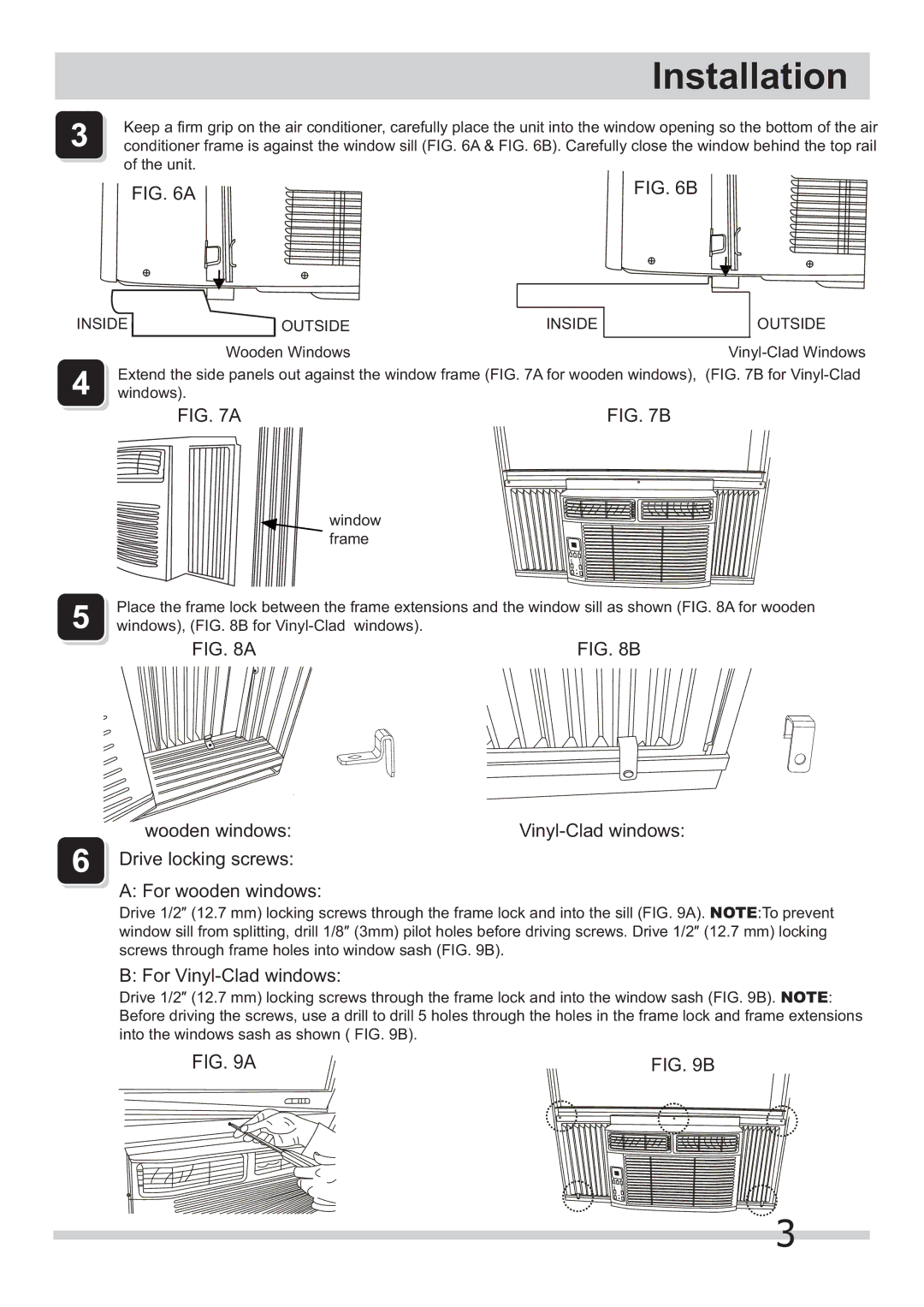 Frigidaire 2020211a1446 installation instructions Installation, For Vinyl-Clad windows, %, Inside Outside 