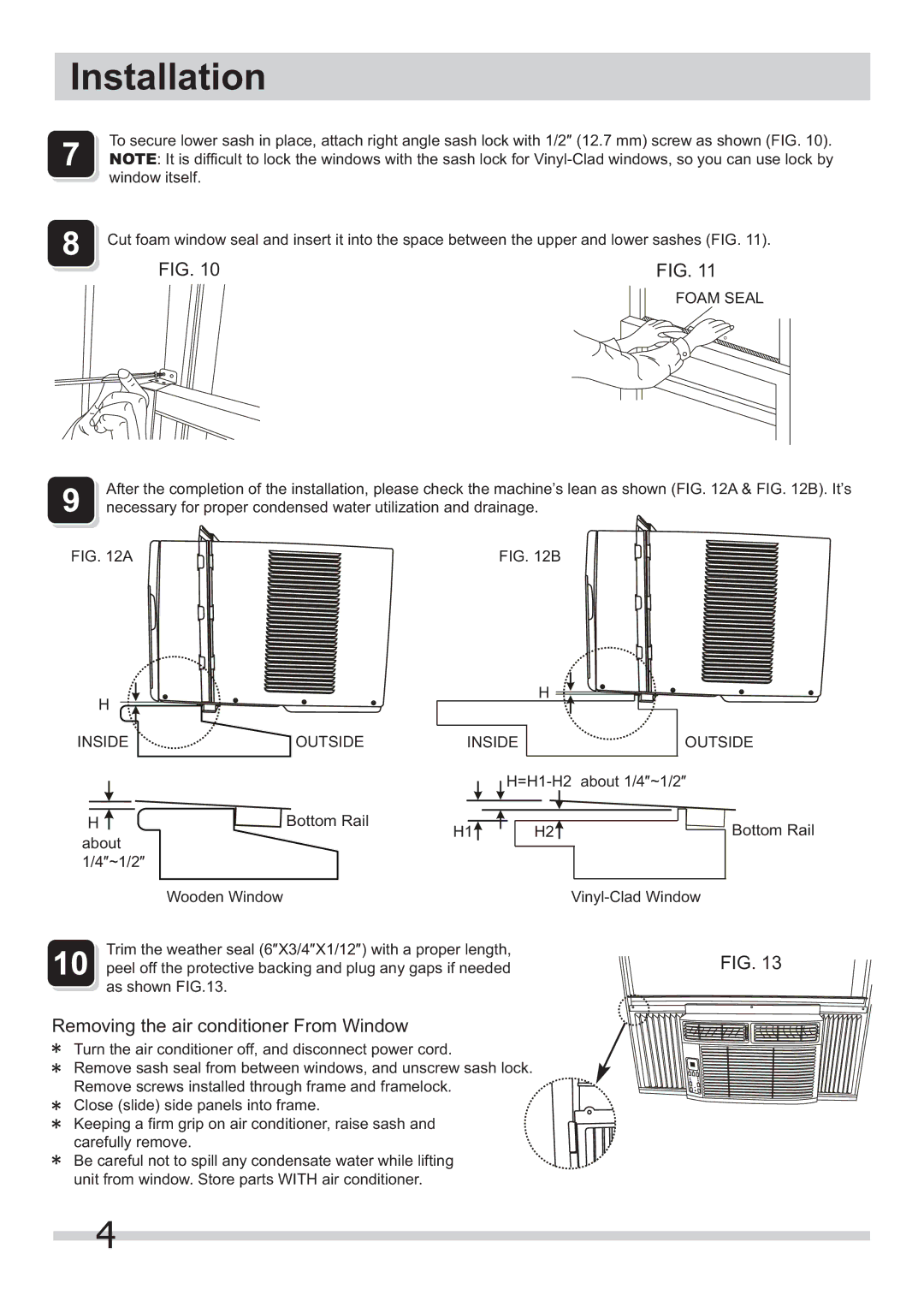 Frigidaire 2020211a1446 installation instructions Removing the air conditioner From Window, Foam Seal 