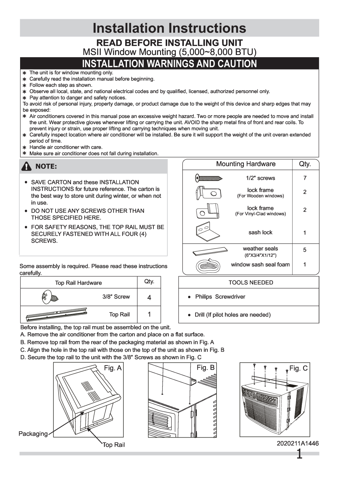 Frigidaire 2020211a1446 installation instructions Installation Instructions, Installation Warnings And Caution, Packaging 