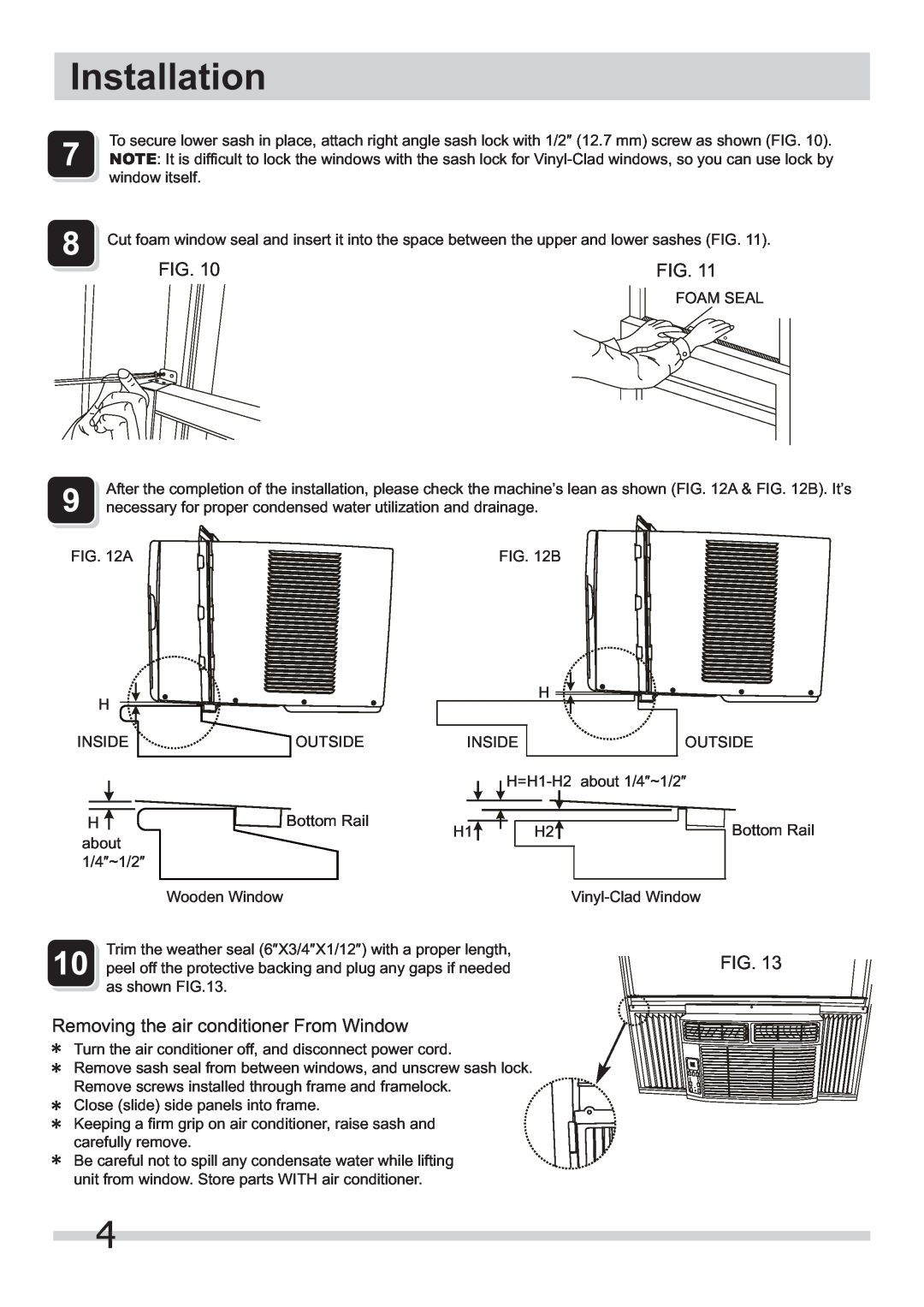 Frigidaire 2020211a1446 installation instructions Installation, Removing the air conditioner From Window 