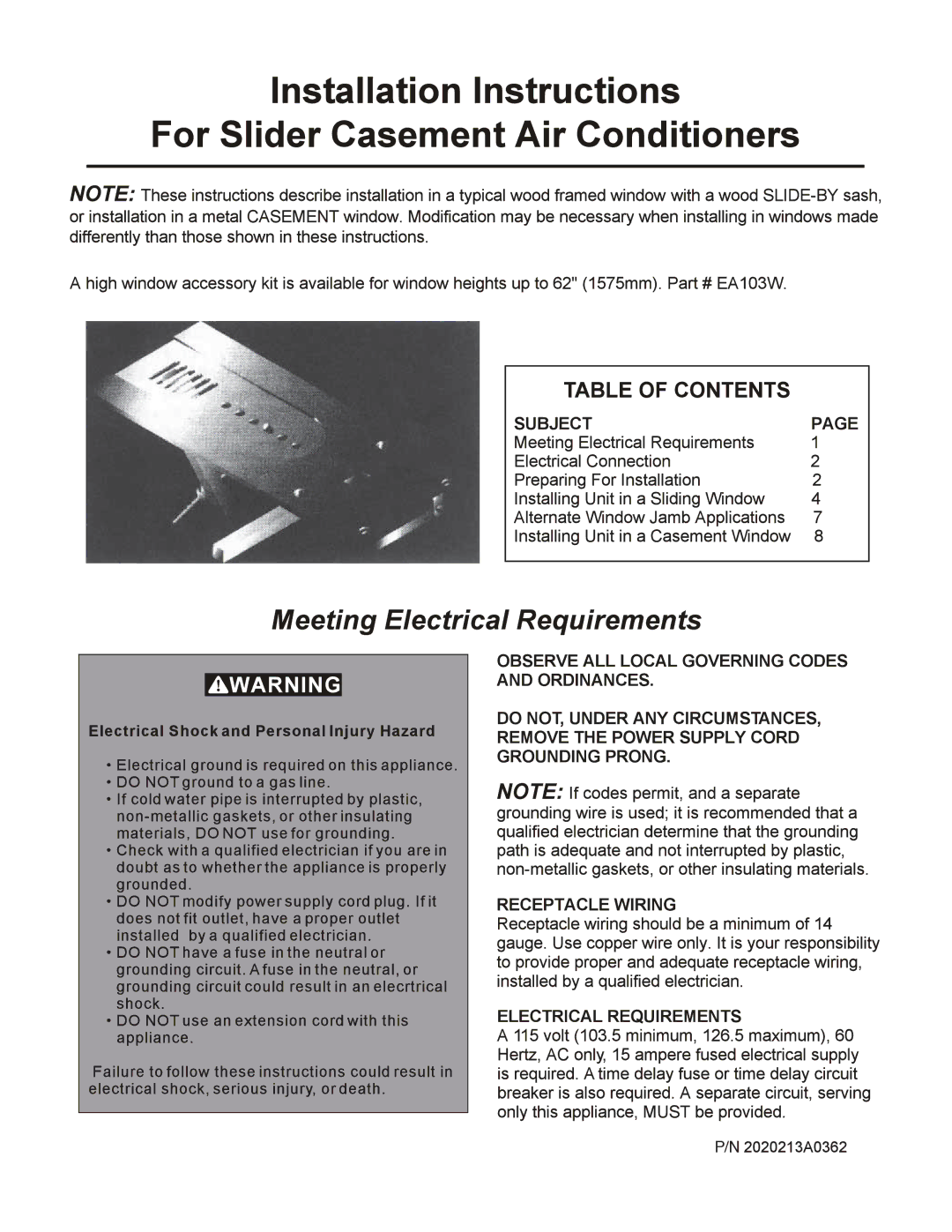 Frigidaire 2020213A0362 manual 