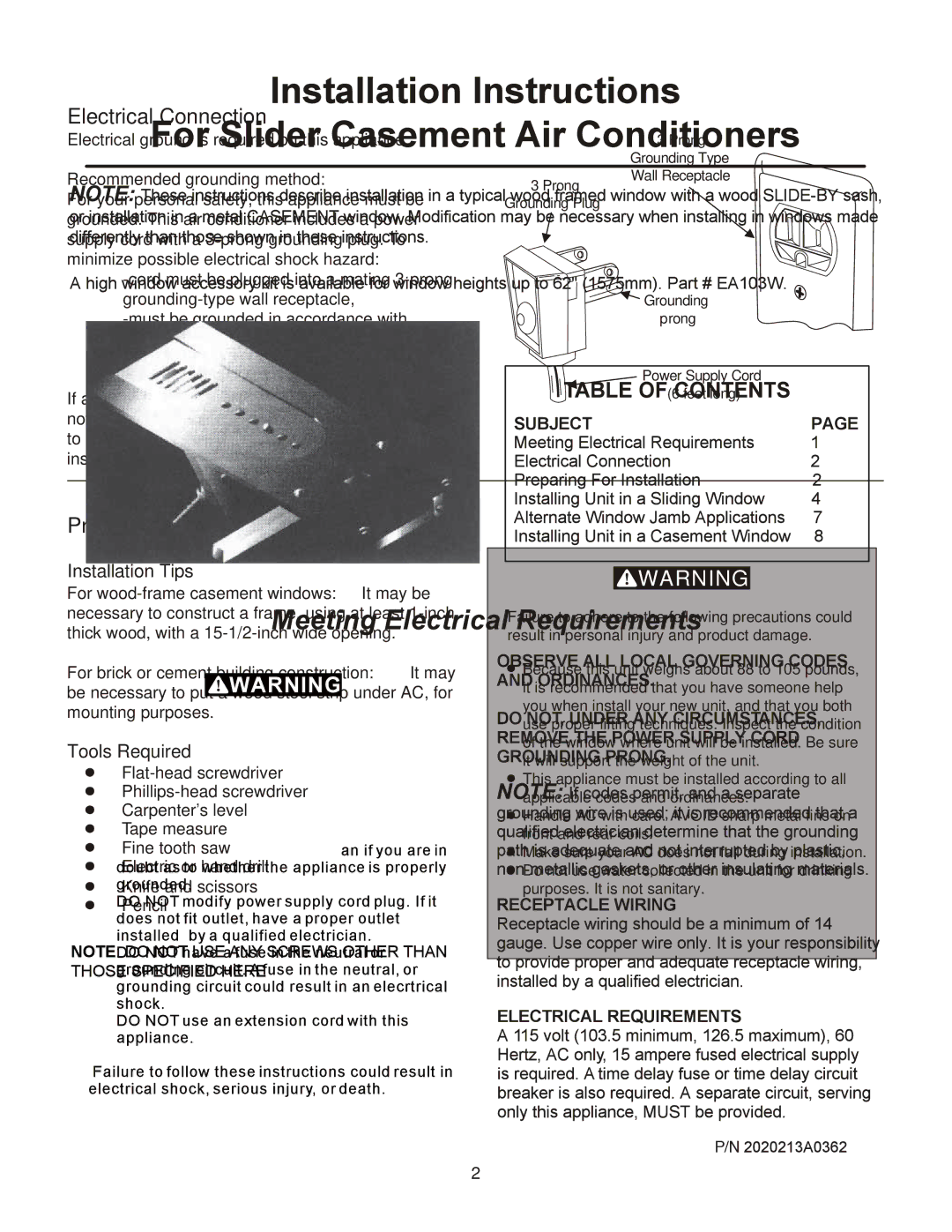 Frigidaire 2020213A0362 manual Electrical Connection 