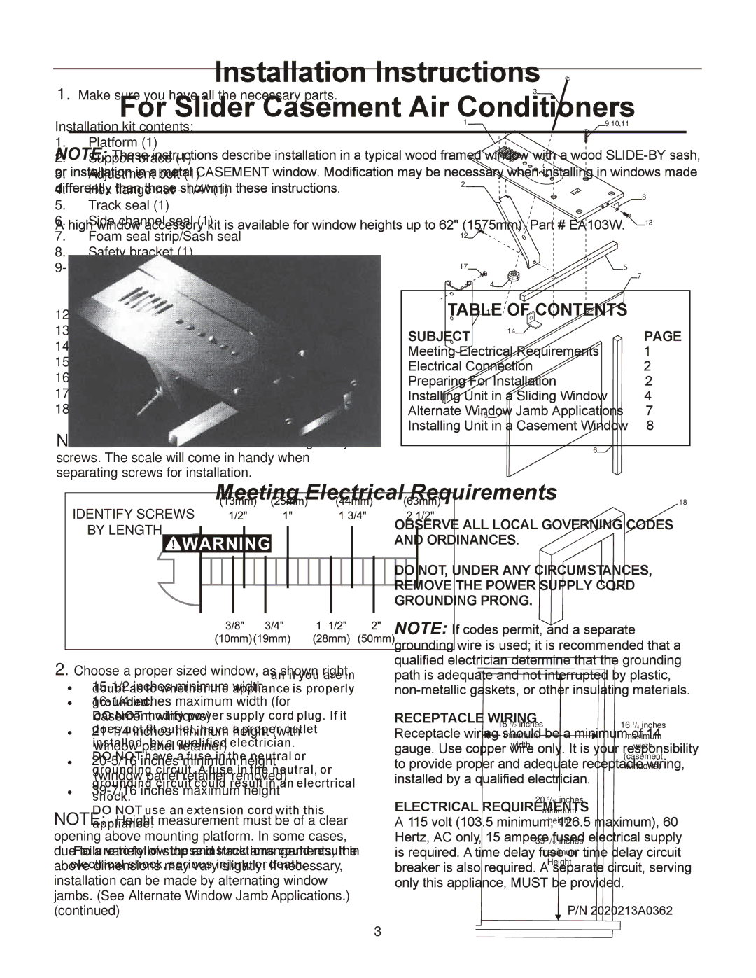 Frigidaire 2020213A0362 manual Installation kit contents 