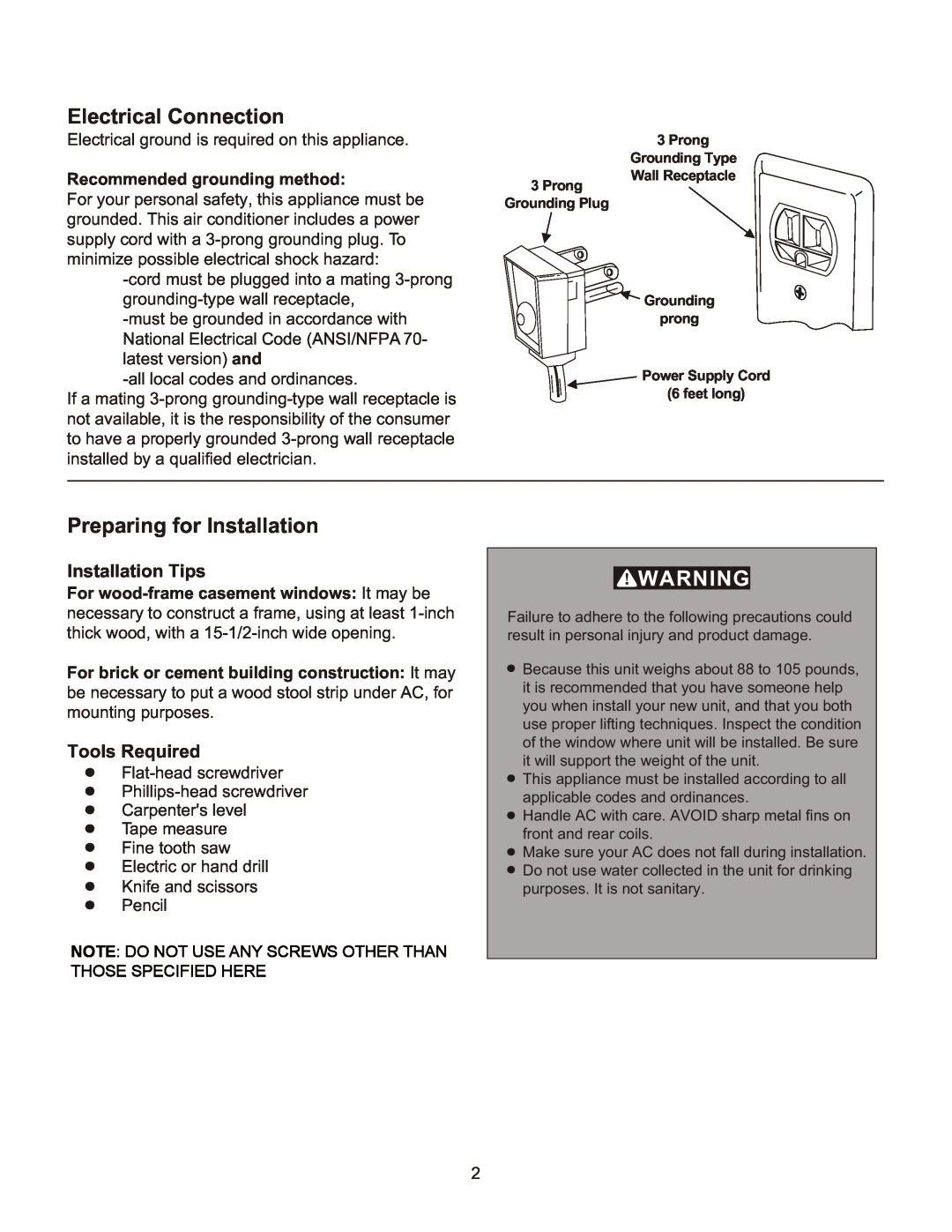 Frigidaire 2020213A0362 manual Electrical Connection, Preparing for Installation, Installation Tips, Tools Required 