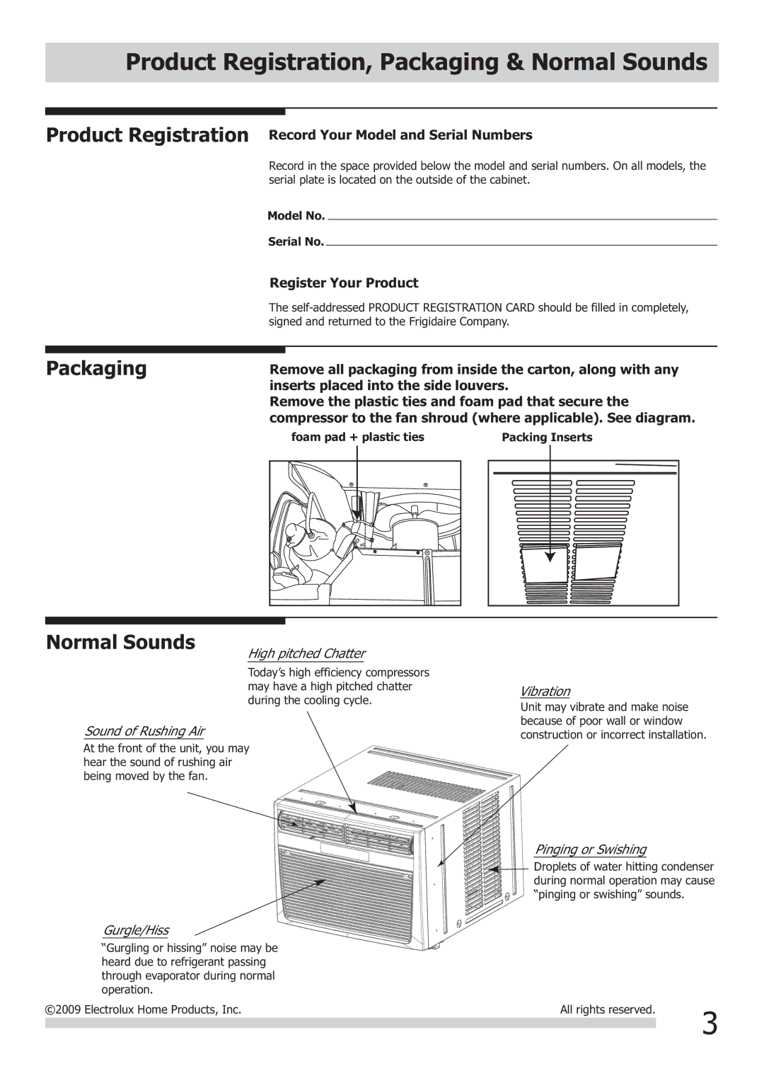 Frigidaire 2020218A0678 important safety instructions Product Registration, Packaging & Normal Sounds 