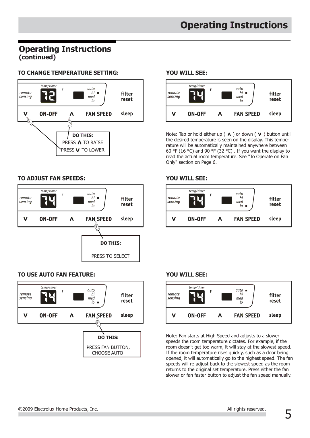 Frigidaire 2020218A0678 important safety instructions Operating Instructions, To Adjust FAN Speeds, To USE Auto FAN Feature 