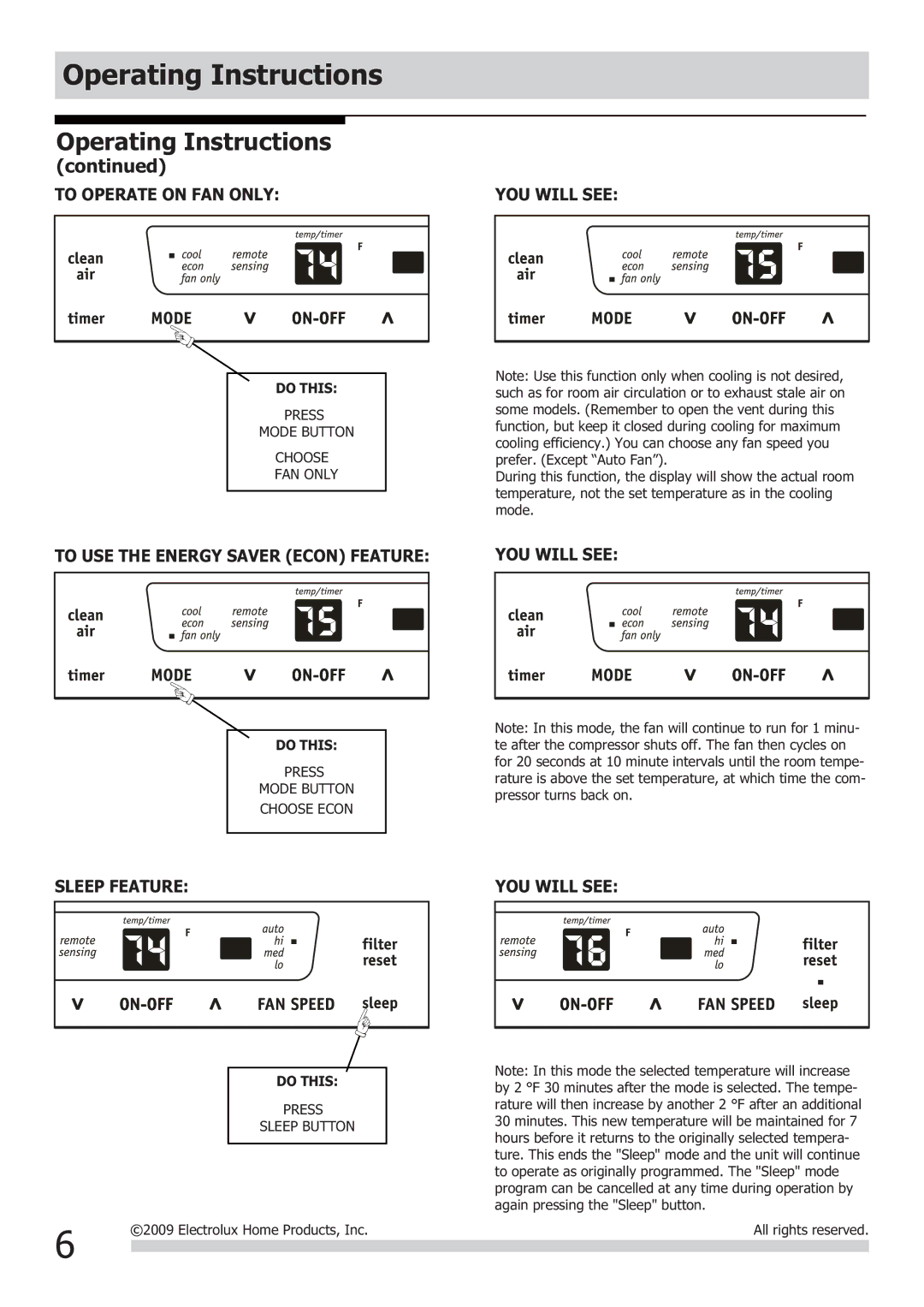 Frigidaire 2020218A0678 To Operate on FAN only YOU will see, To USE the Energy Saver Econ Feature YOU will see 