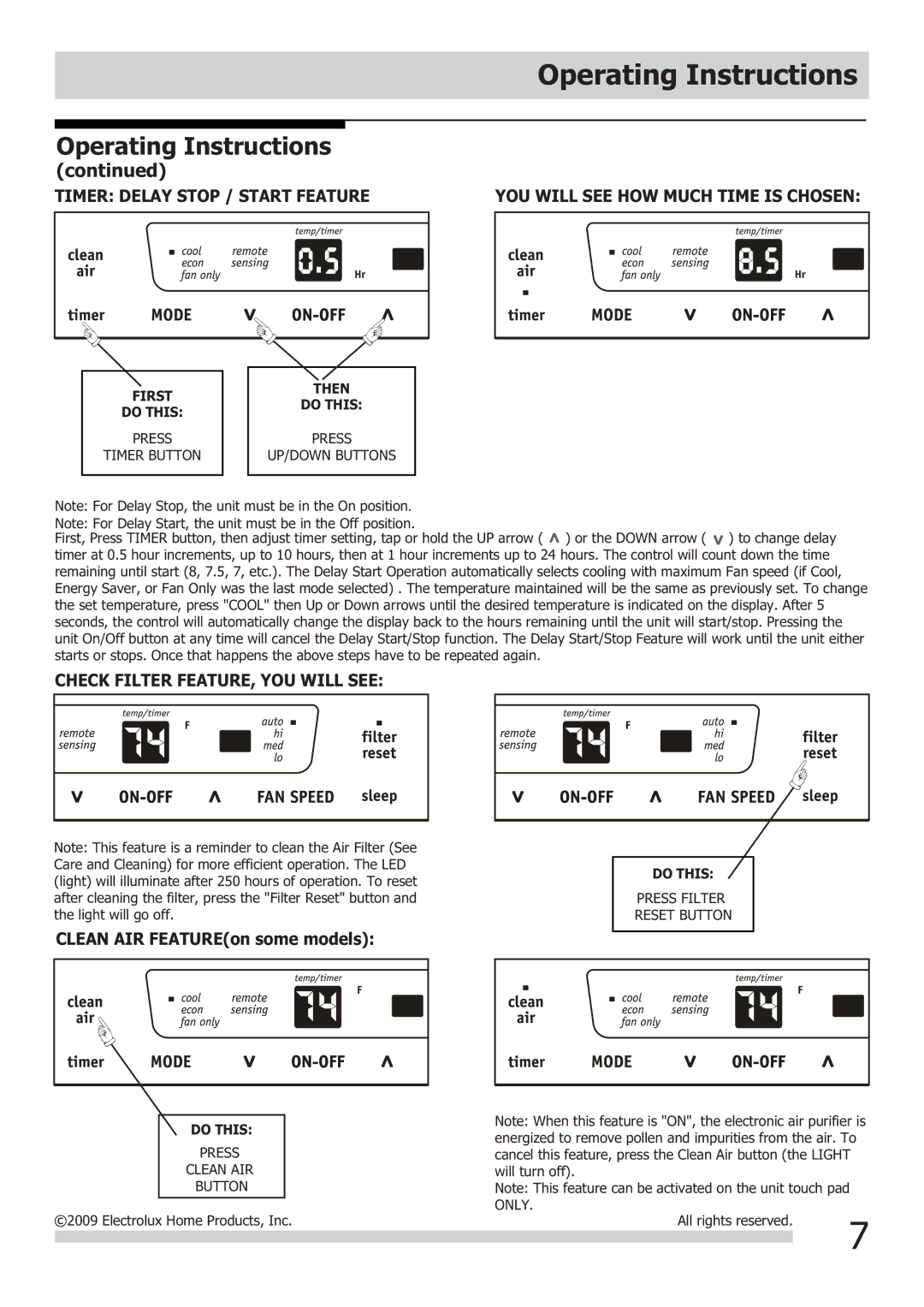 Frigidaire 2020218A0678 important safety instructions Timer Delay Stop / Start Feature, Check Filter FEATURE, YOU will see 